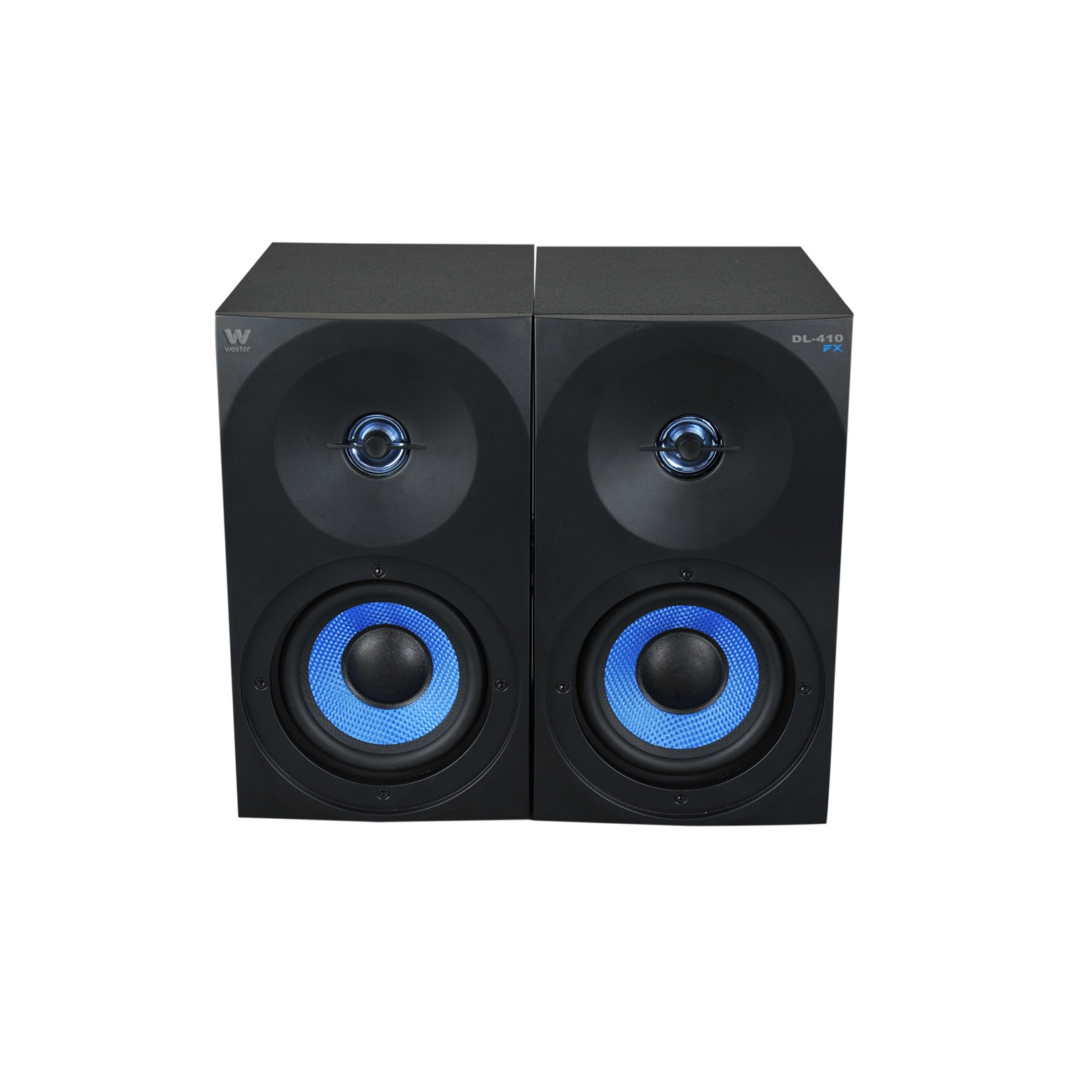 Dos altavoces negros con conos de altavoz azules. Los altavoces están uno al lado del otro y el fondo es blanco.