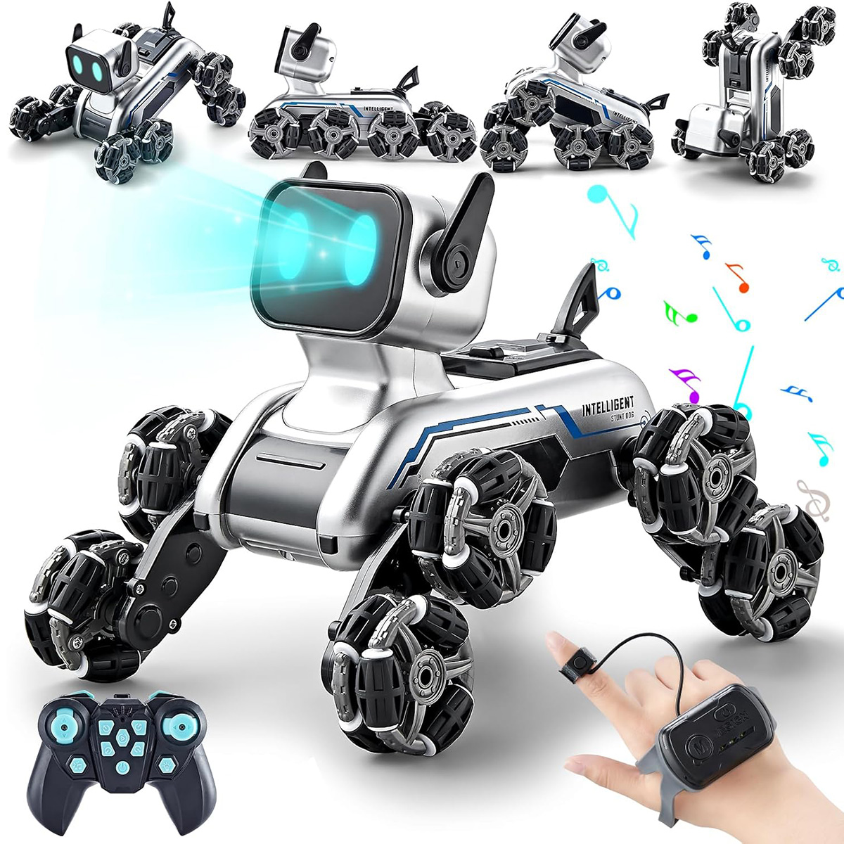 Un juguete de perro robot plateado con múltiples ruedas y ojos azules brillantes, con un control remoto.