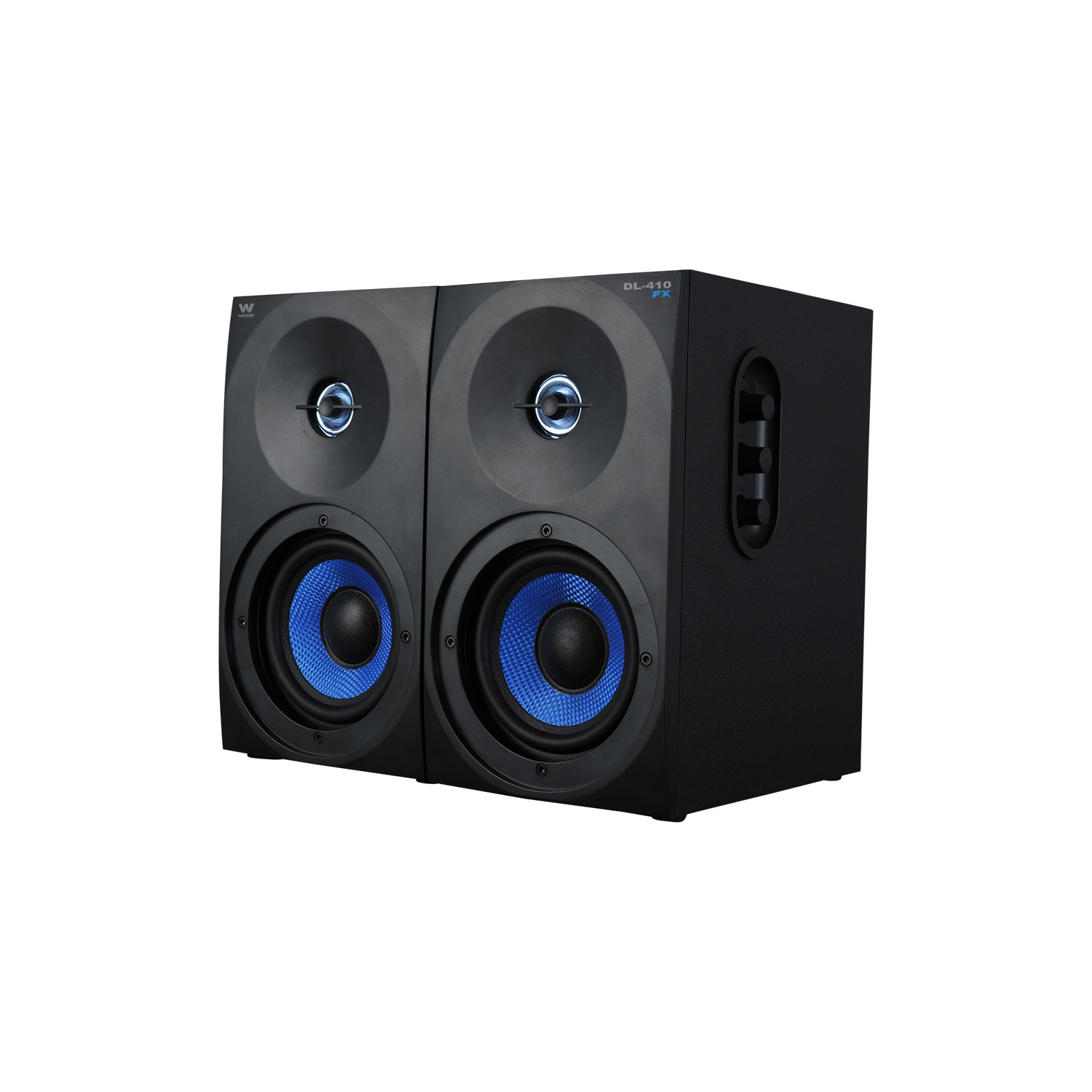 Dos altavoces negros con conos azules. Los altavoces tienen la etiqueta DL-410 FX y el logo 'W'.