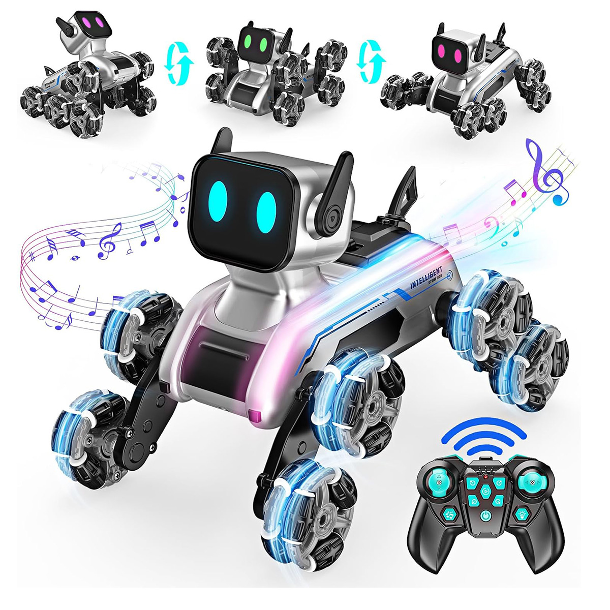 Juguete de perro robot plateado con múltiples ruedas, ojos y luces brillantes azules y rosas, con mando.