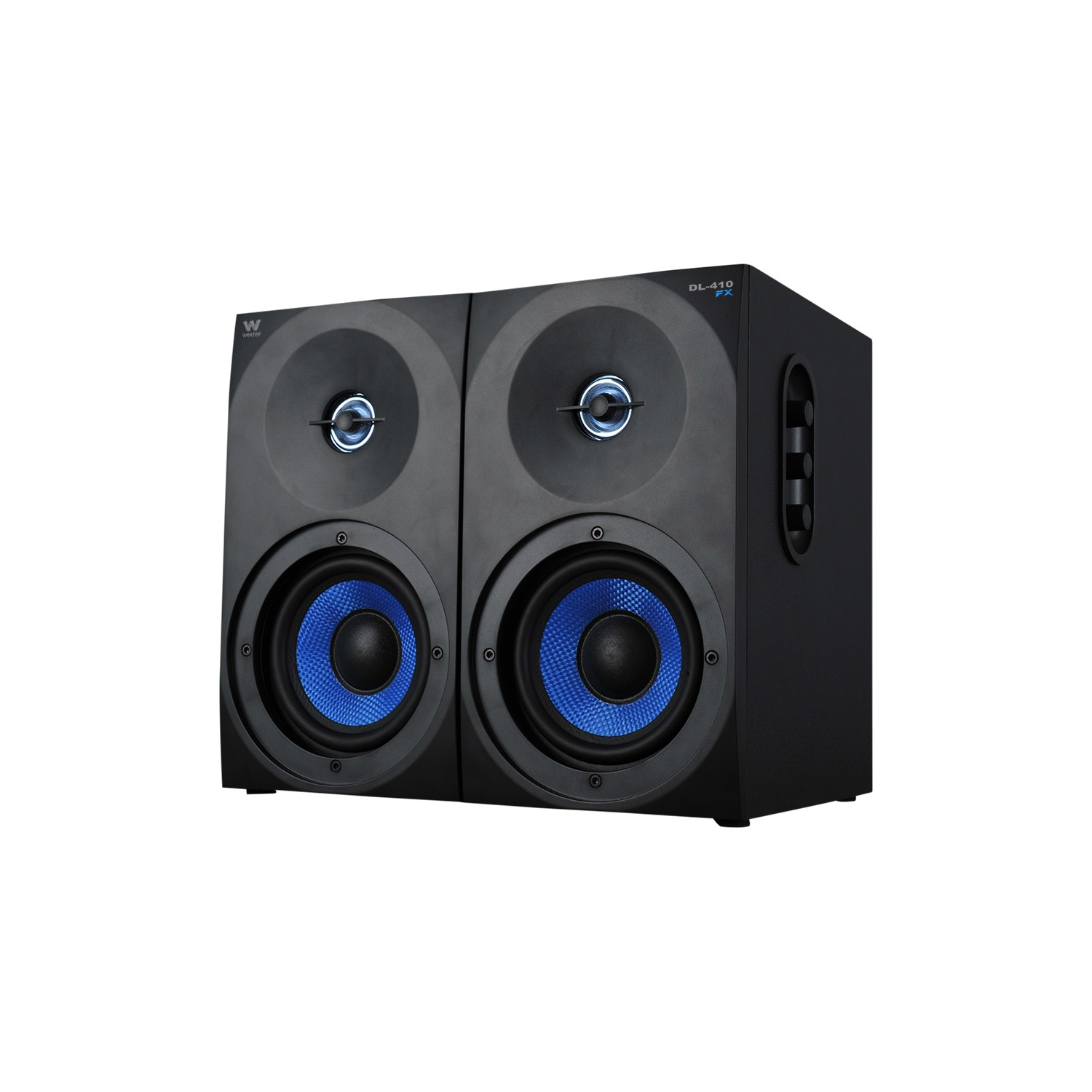 Dos altavoces negros con conos azules. Los altavoces tienen la etiqueta DL-410 FX y el logo 'W'.