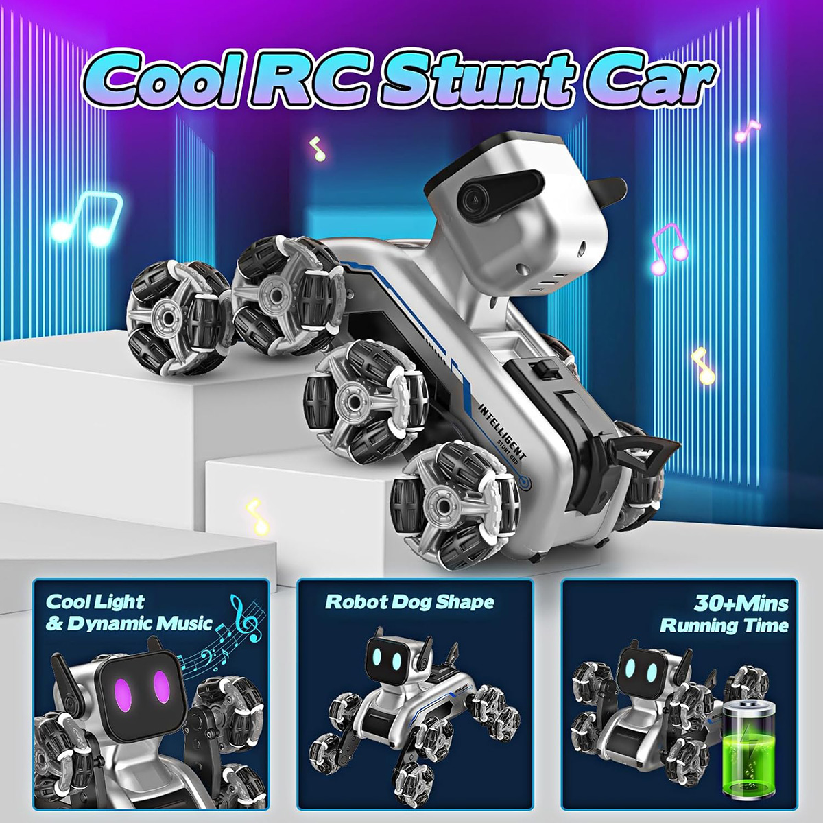 Coche de acrobacias RC con forma de perro robot, luces, música dinámica y más de 30 minutos de funcionamiento en un soporte.