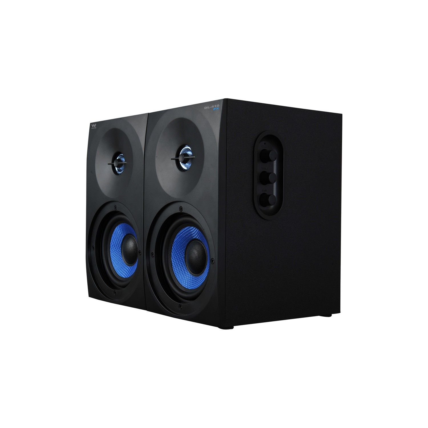 Dos altavoces negros con conos azules y un panel lateral con controles. Etiquetados DL-410 FX y con el logo 'W'.