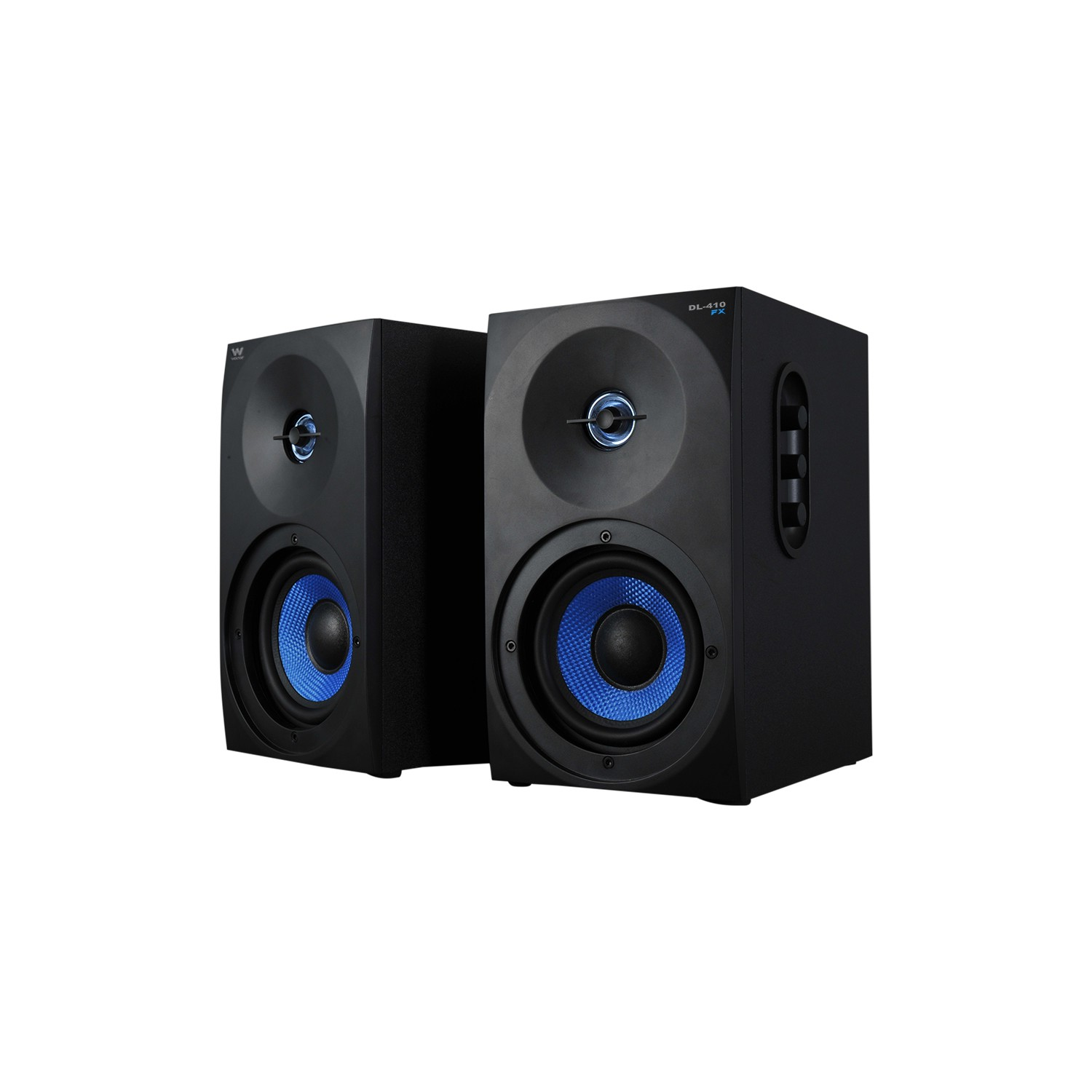 Dos altavoces negros con conos de altavoz azules sobre fondo blanco.