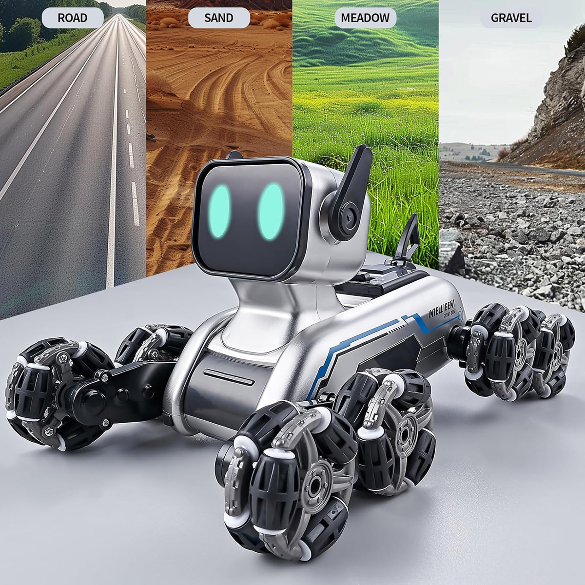 Un robot de juguete plateado sobre varios terrenos: carretera, arena, pradera y grava. El robot tiene ojos verdes.