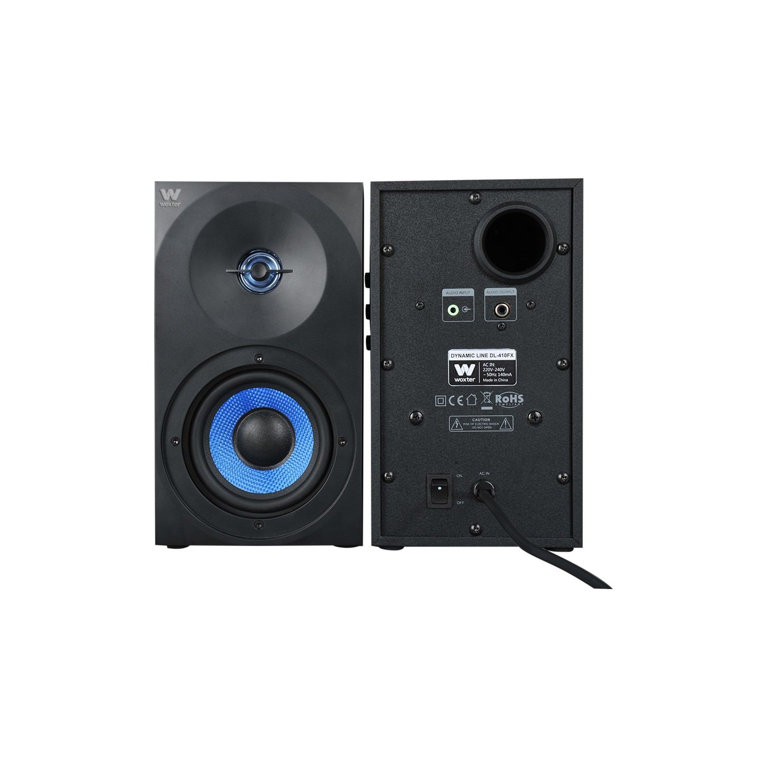 Altavoz negro, vista frontal con cono de altavoz azul y vista trasera con conectores, interruptor de encendido y etiquetas.