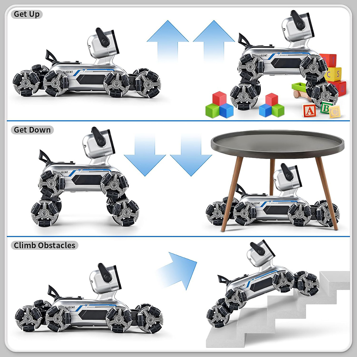 Un juguete de perro robot que demuestra acciones: levantarse, agacharse y subir obstáculos sobre un fondo blanco.