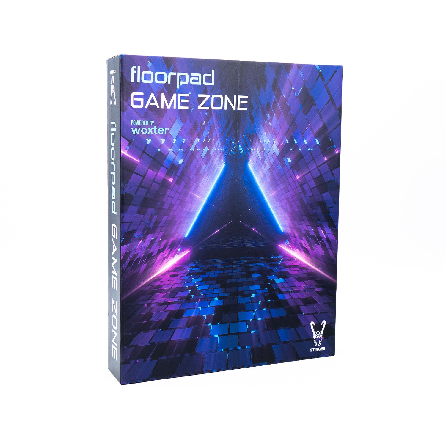 Caja con texto 'floorpad GAME ZONE'. Diseño gráfico púrpura y azul. Fondo blanco.