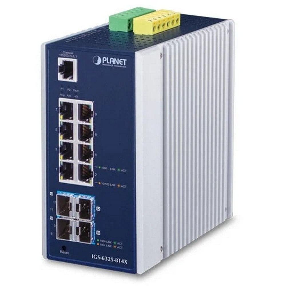 Uno switch di rete blu e bianco con più porte e un morsettiera verde e gialla.