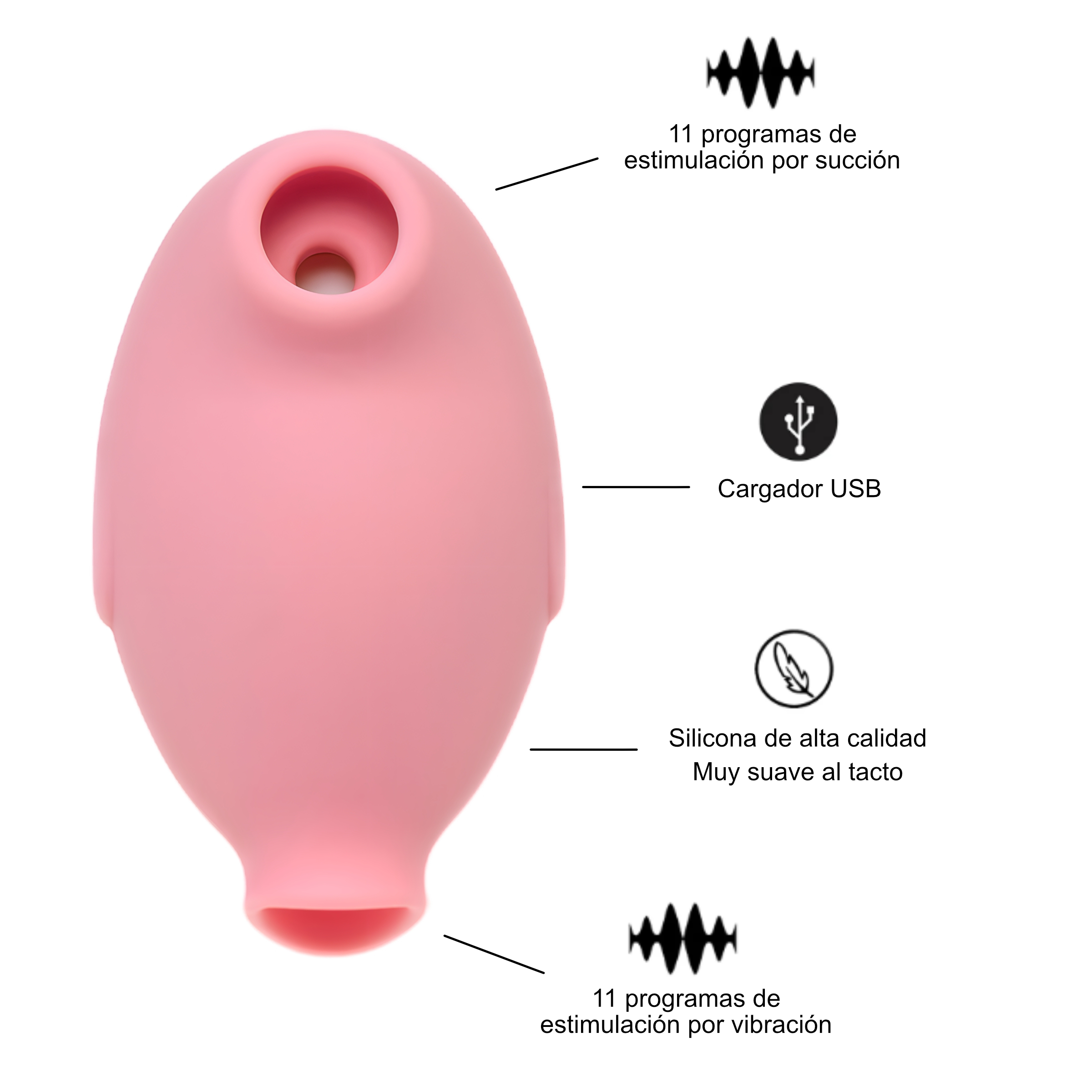Juguete sexual rosa, con cargador USB, silicona de alta calidad y programas de succión/vibración.