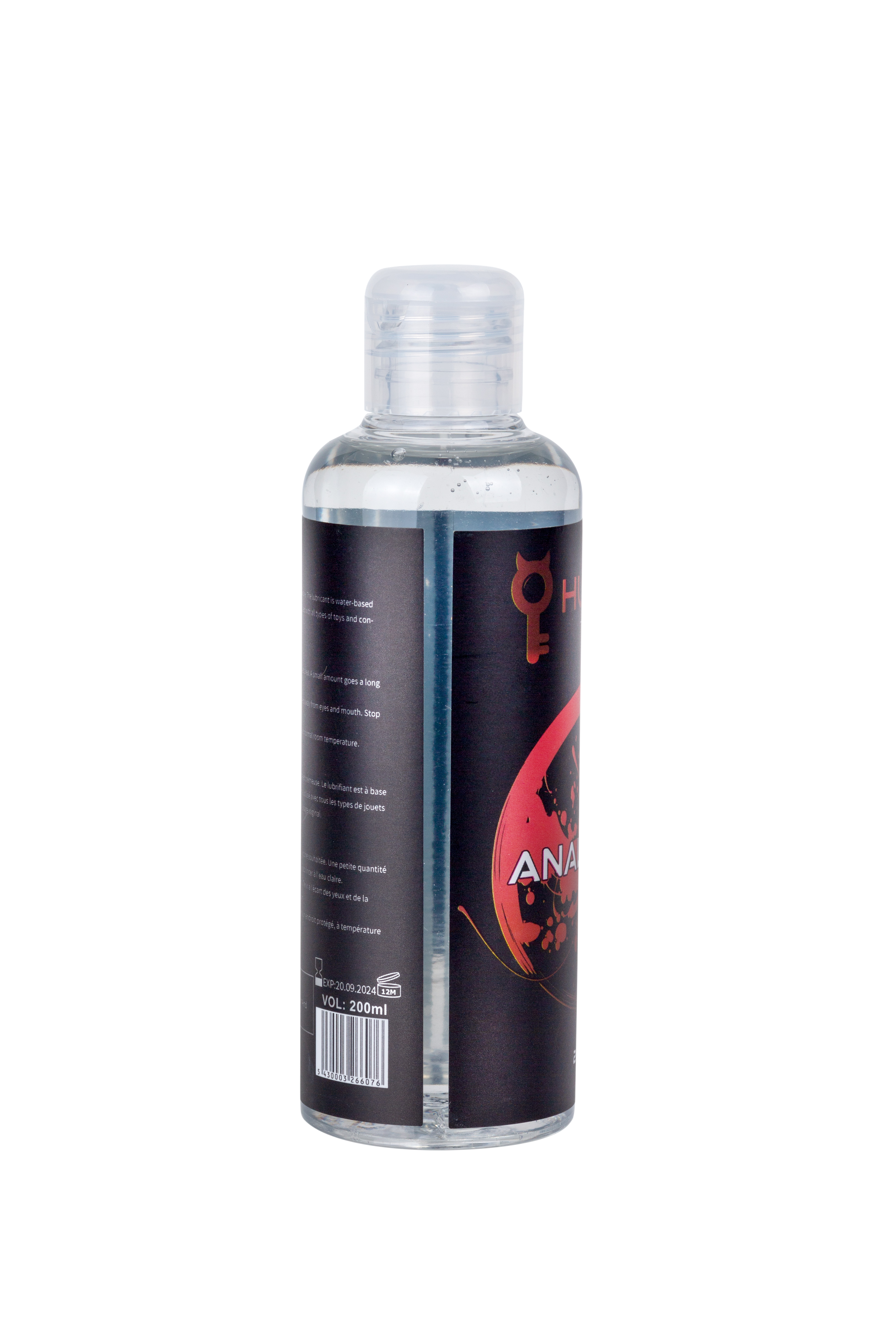 Una botella de lubricante anal sobre fondo blanco, con texto y un logotipo de llave.