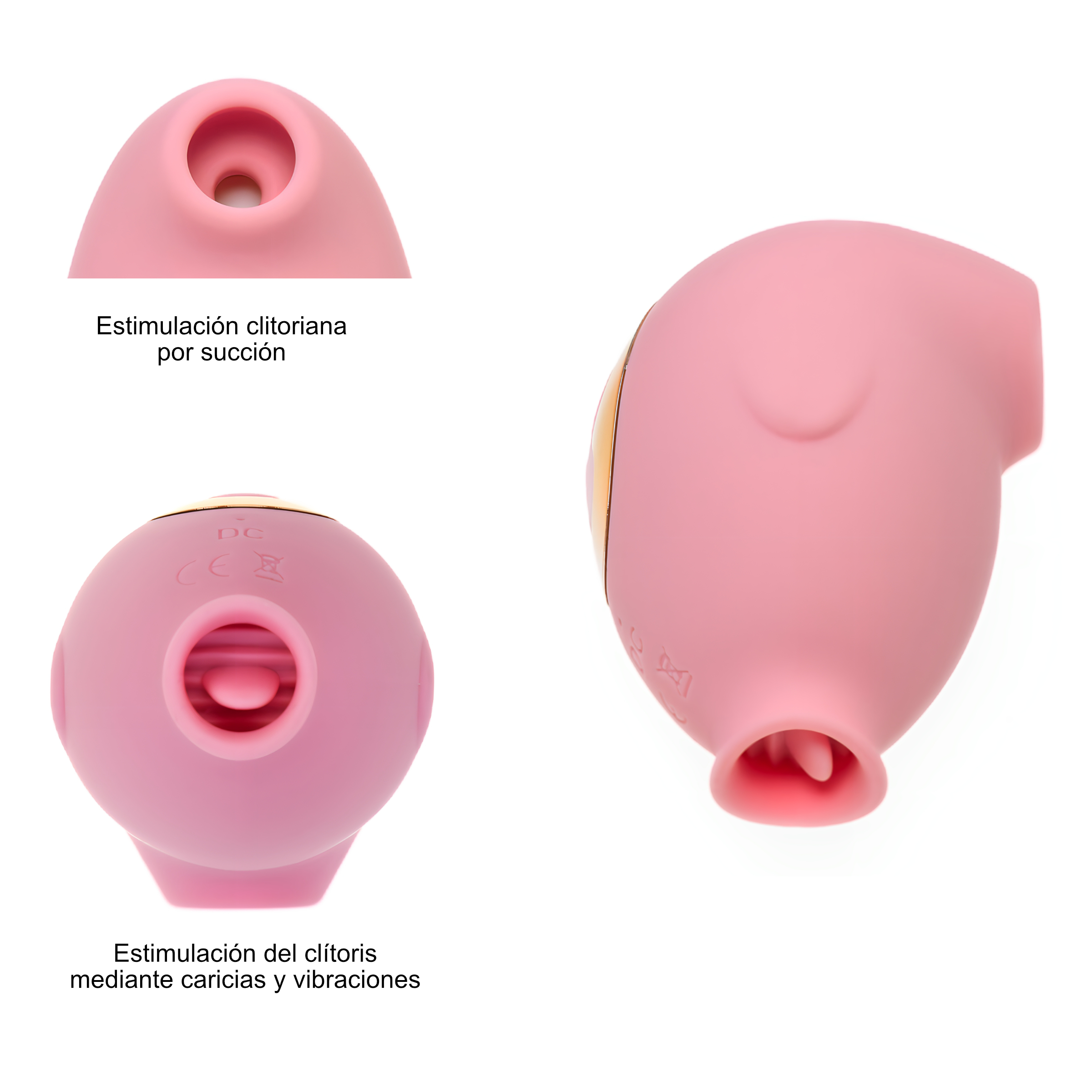 Juguete sexual rosa con múltiples vistas y texto español que explica la succión y la vibración.