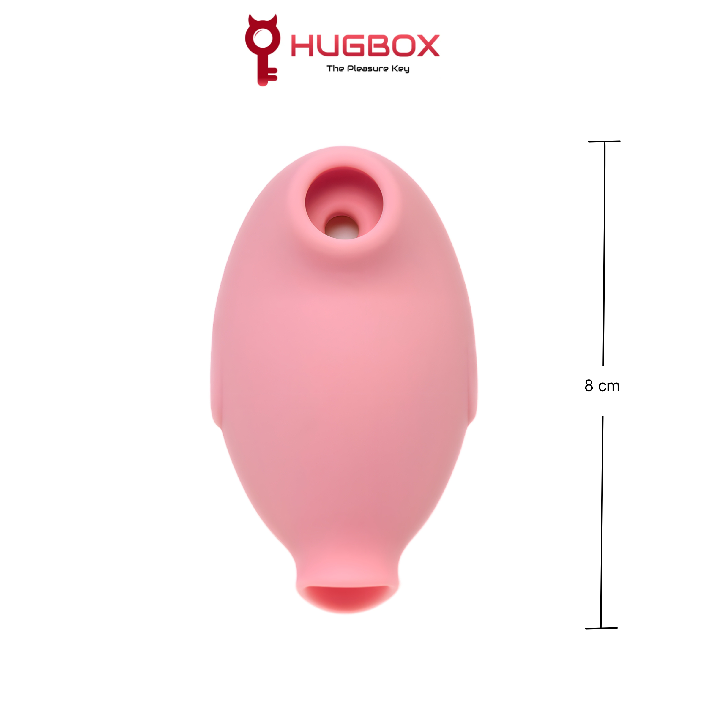 Juguete sexual rosa con forma redondeada y agujero. El juguete mide 8 cm de altura.