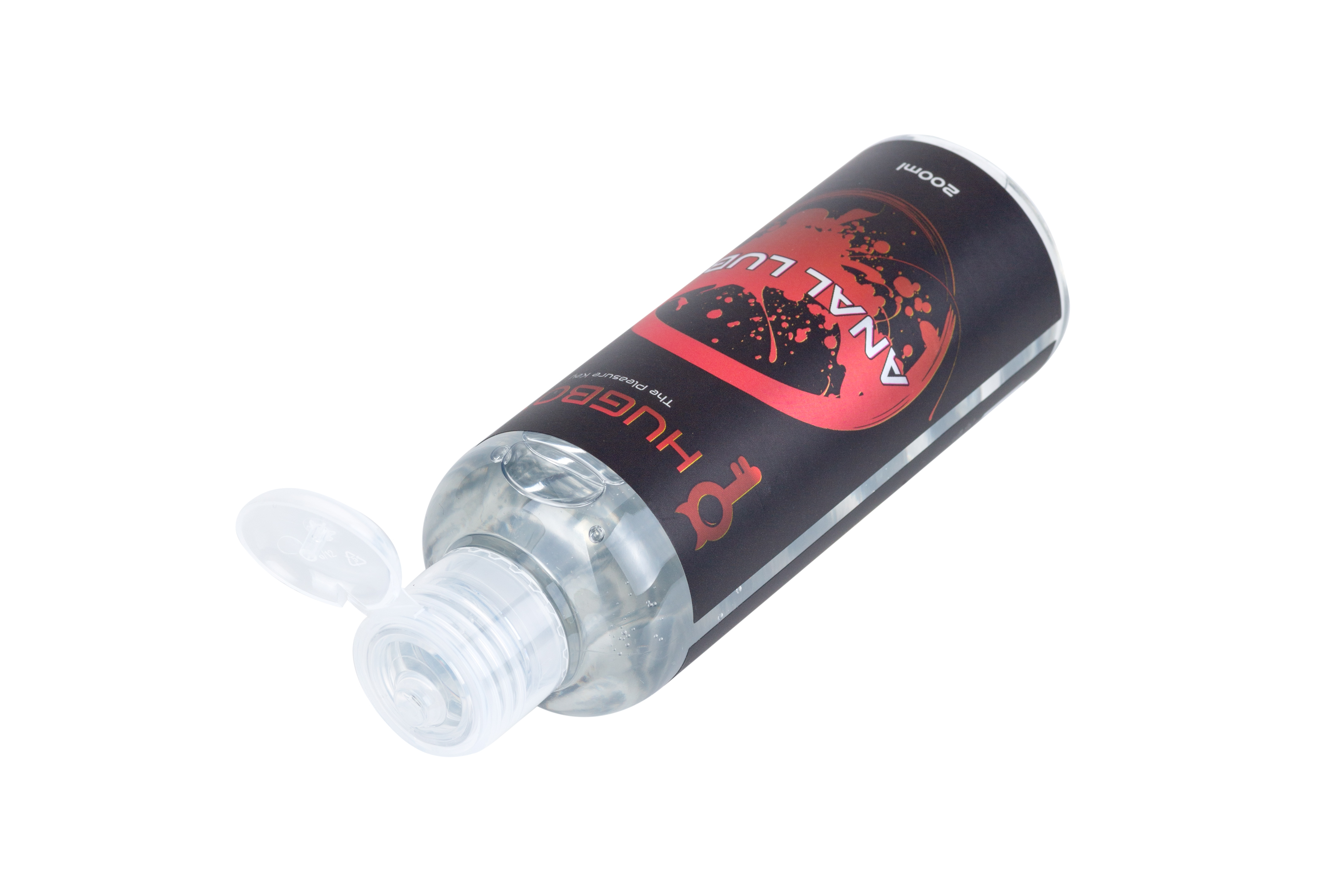 Una botella inclinada de lubricante anal contra un fondo blanco con tapa transparente.