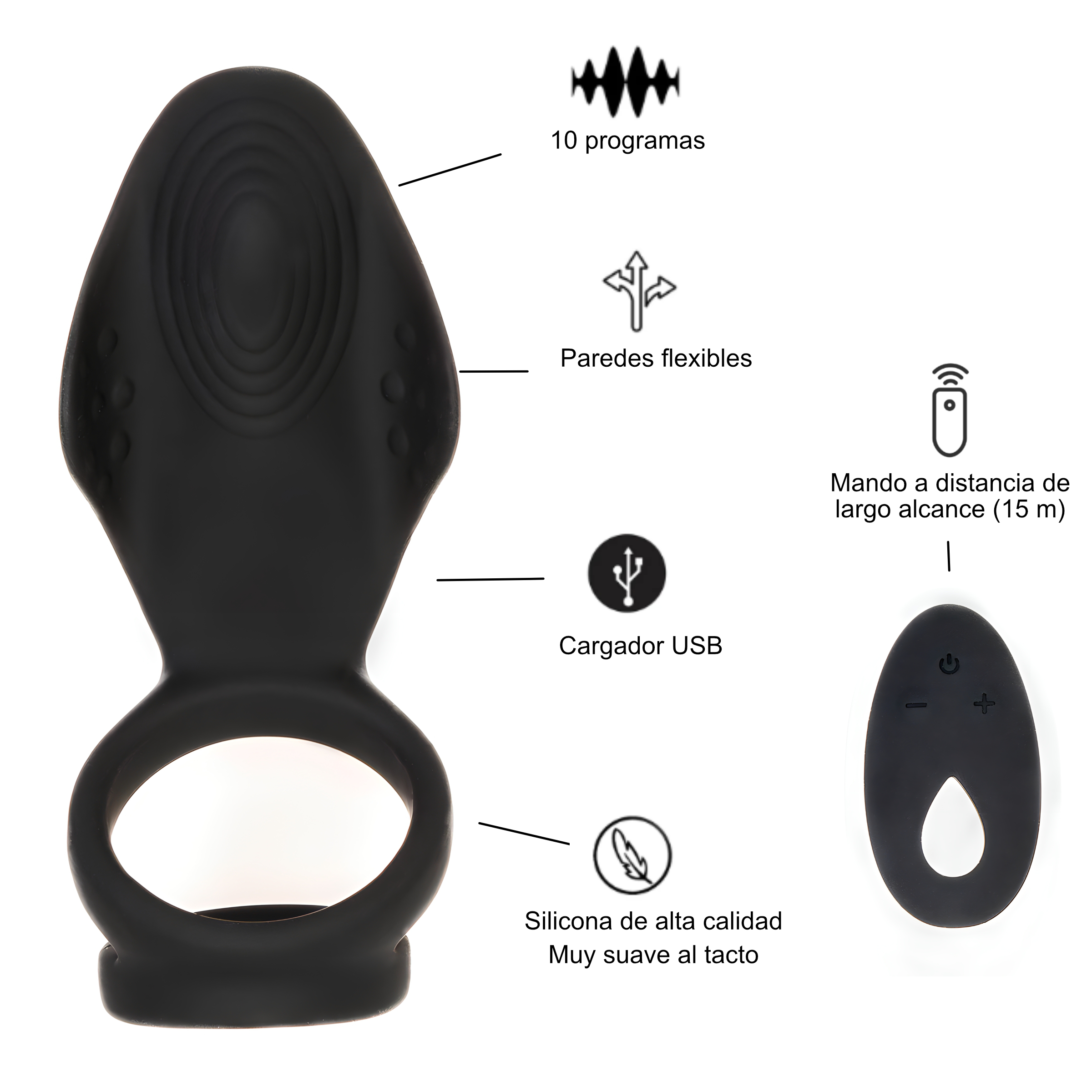 Juguete sexual negro con etiquetas de texto en español, incluyendo cargador USB y control remoto.
