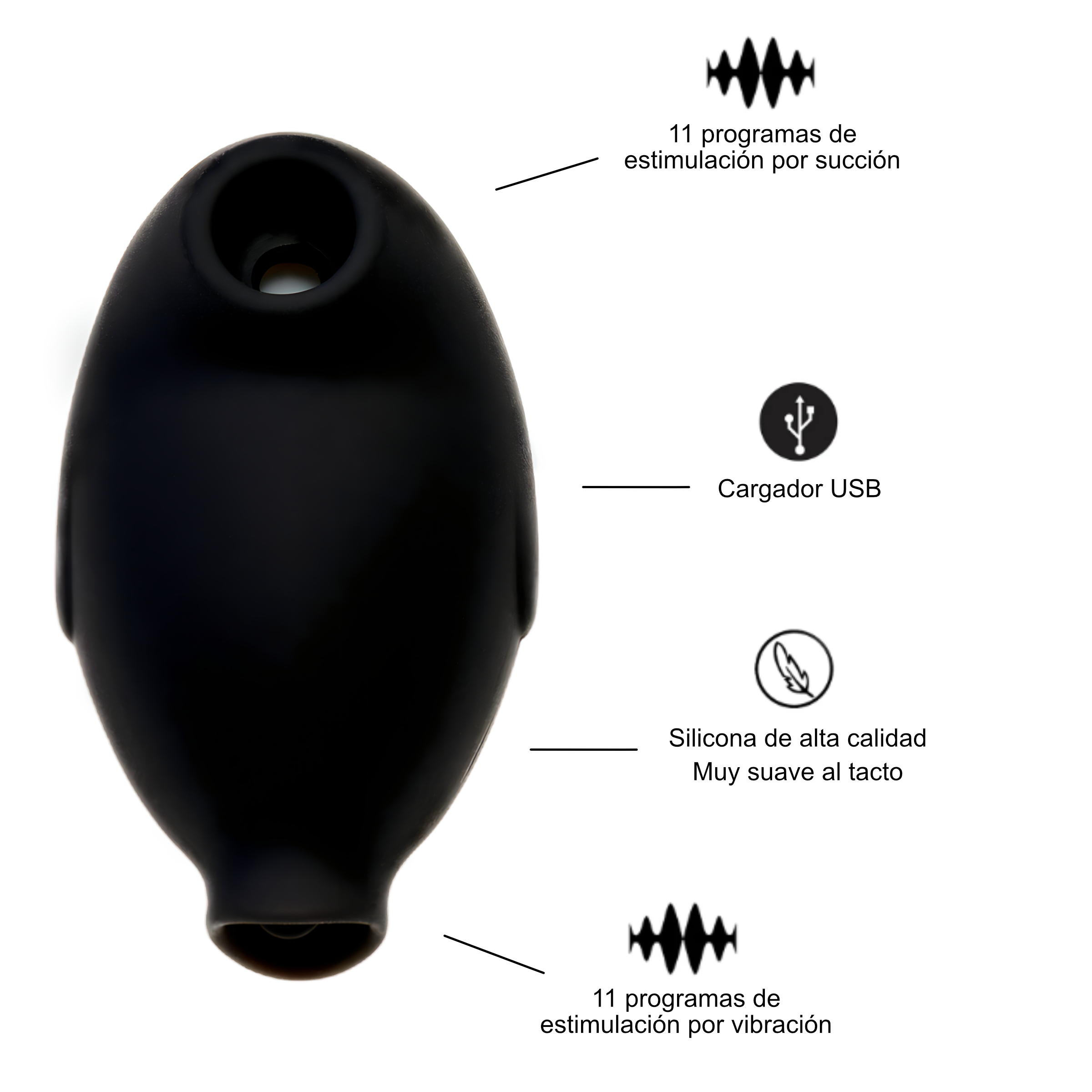 Juguete sexual negro con etiquetas en español, incluido cargador USB y programas de vibración.