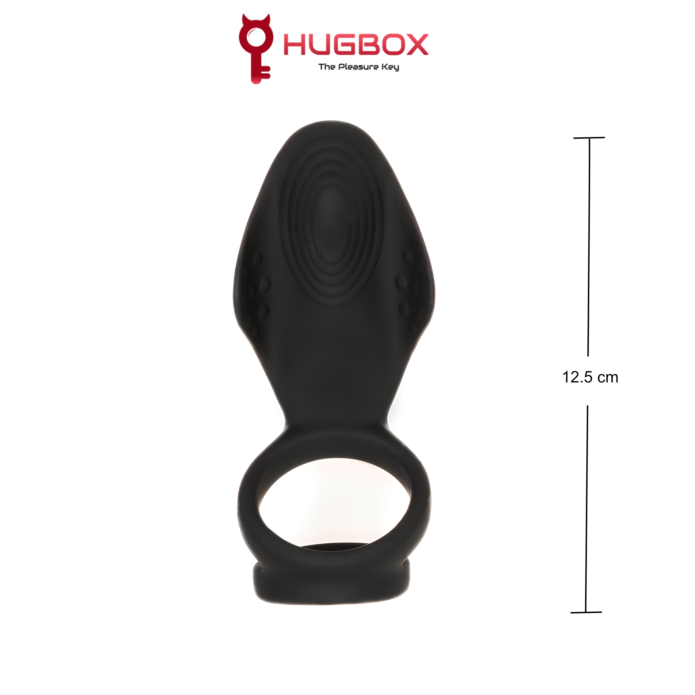 Anillo sexual negro. Tiene un diseño curvo y mide 12,5 cm de alto. Tiene un lazo.