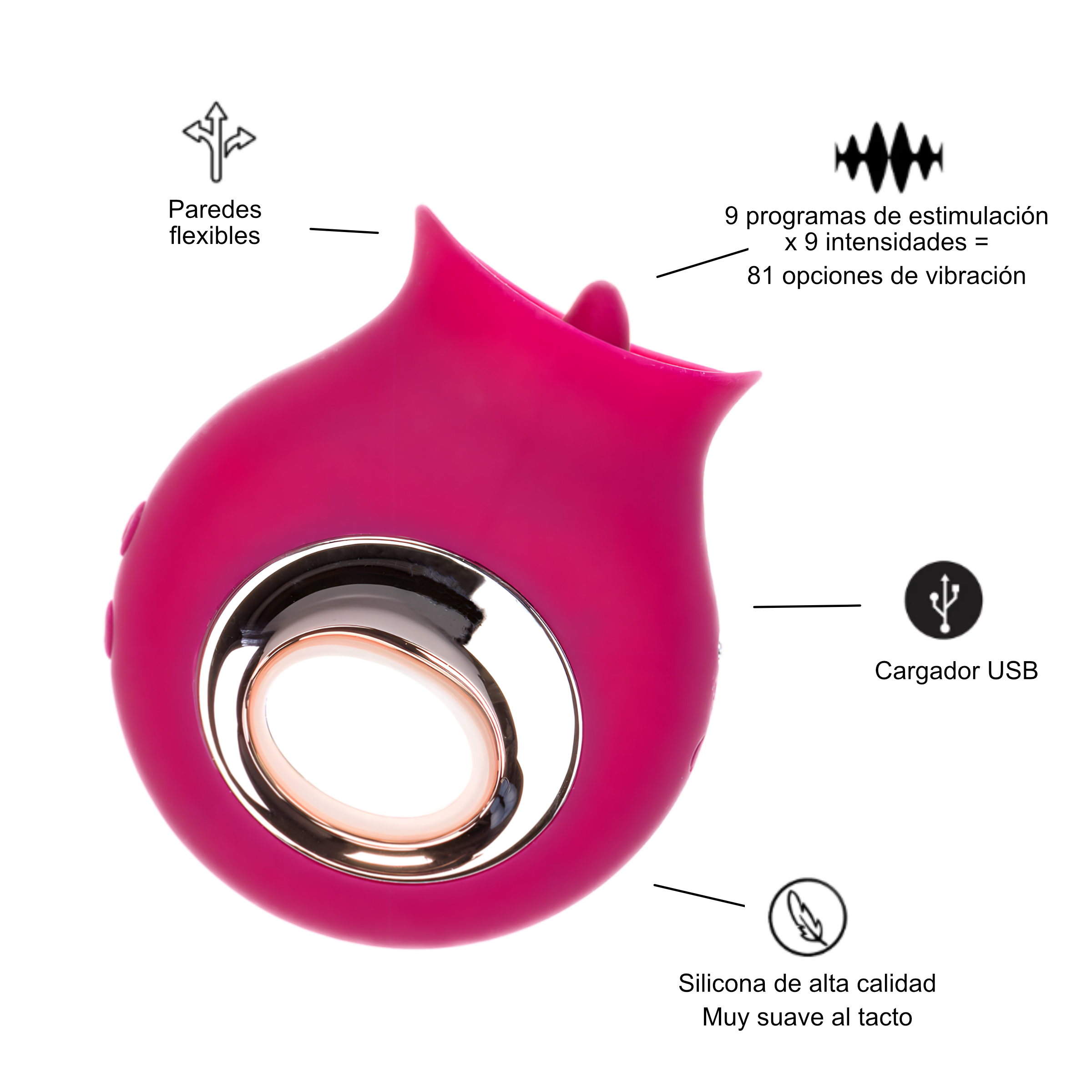 Juguete sexual rosa oscuro con anillo dorado. Forma redondeada con apertura. El juguete es rosa.