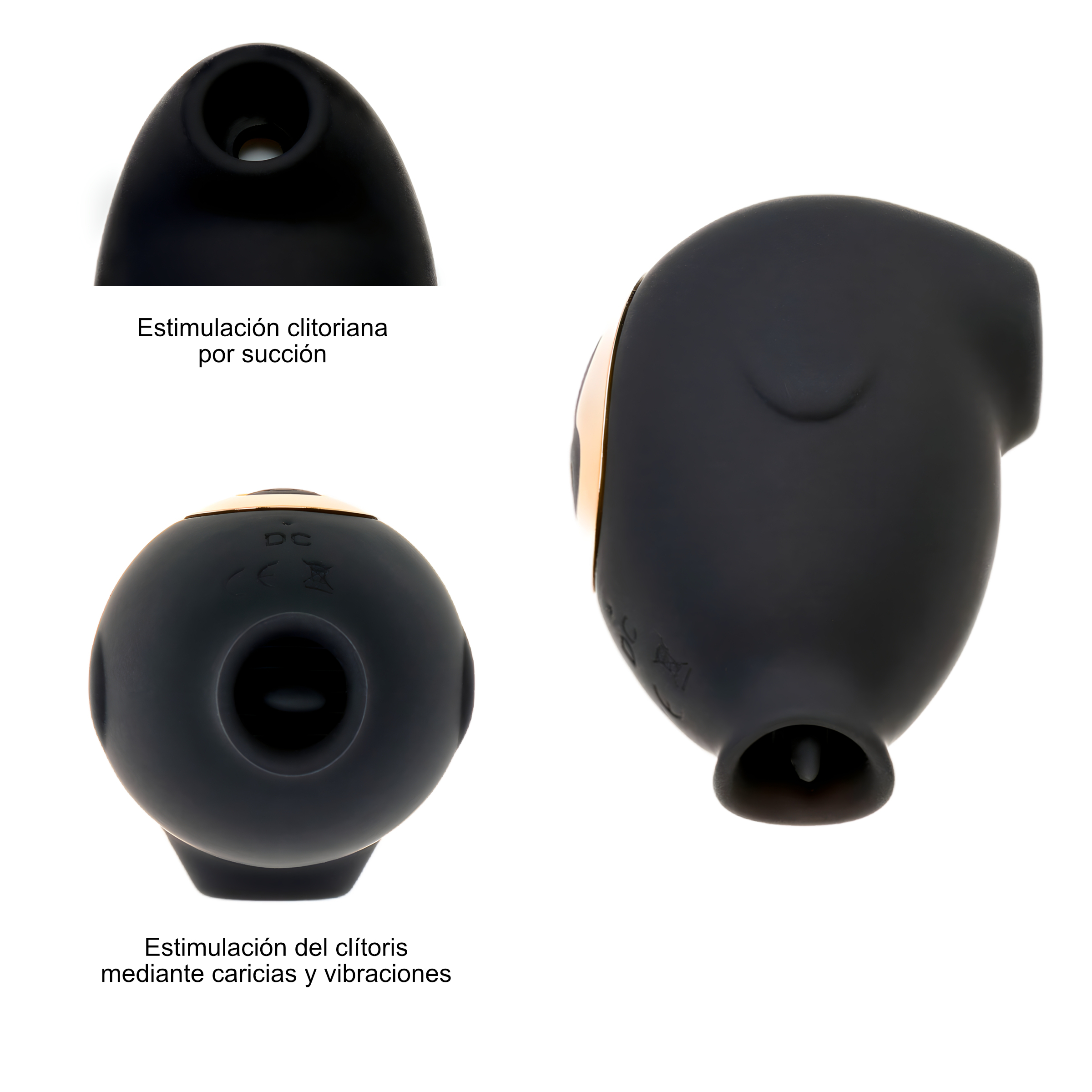 Colección de tres juguetes sexuales negros. La imagen muestra diferentes vistas del producto.
