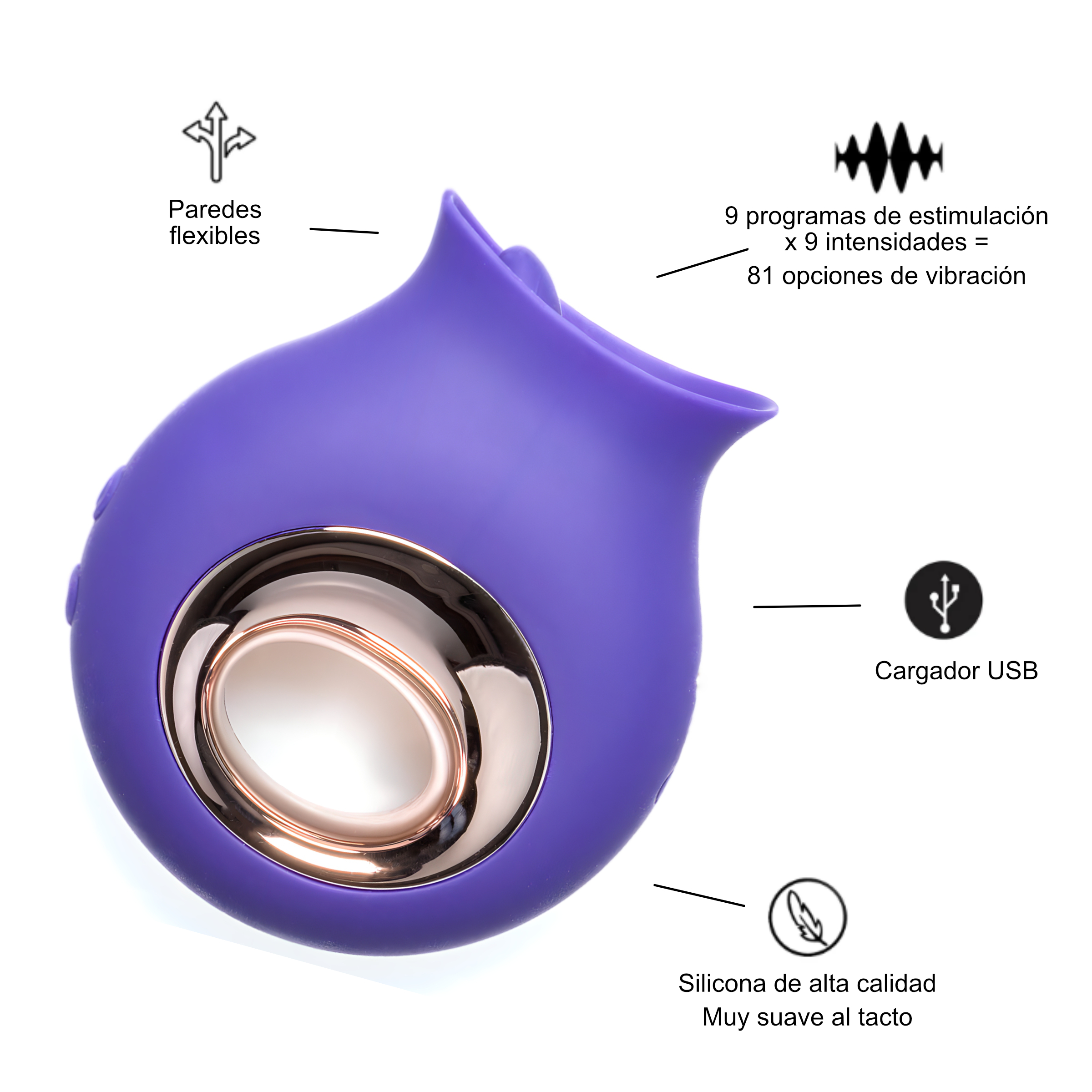 Juguete sexual morado con detalles dorados. Incluye paredes flexibles, cargador USB y silicona suave de alta calidad.