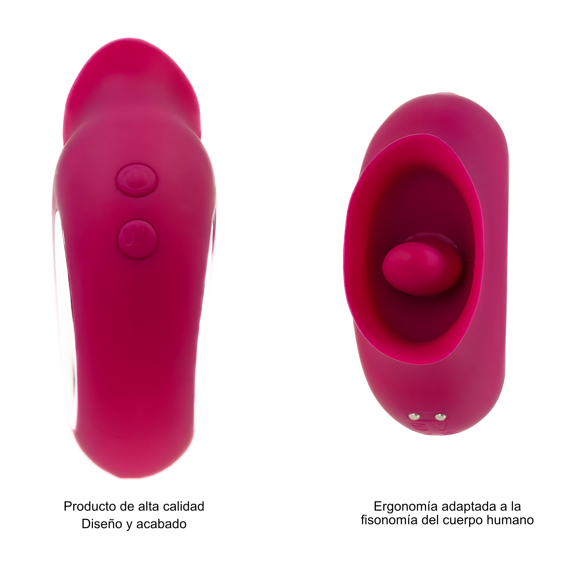 Dos juguetes sexuales rosas sobre blanco, uno con botones, el otro con un agujero.