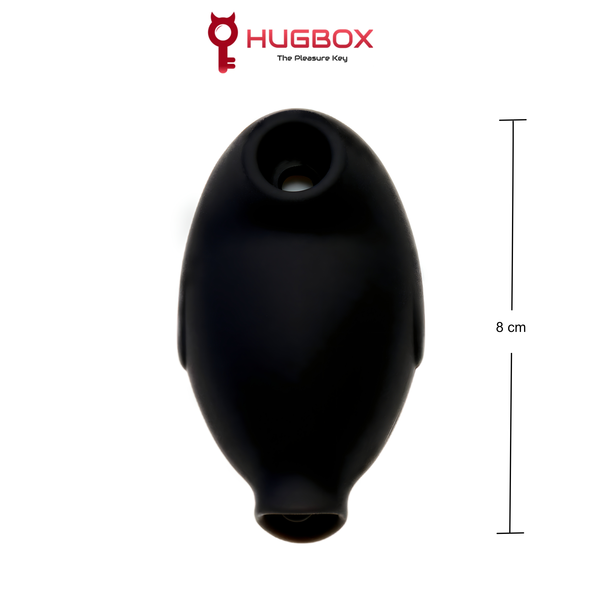 Un juguete sexual negro con un agujero y una etiqueta que indica una altura de 8 cm, sobre fondo blanco.