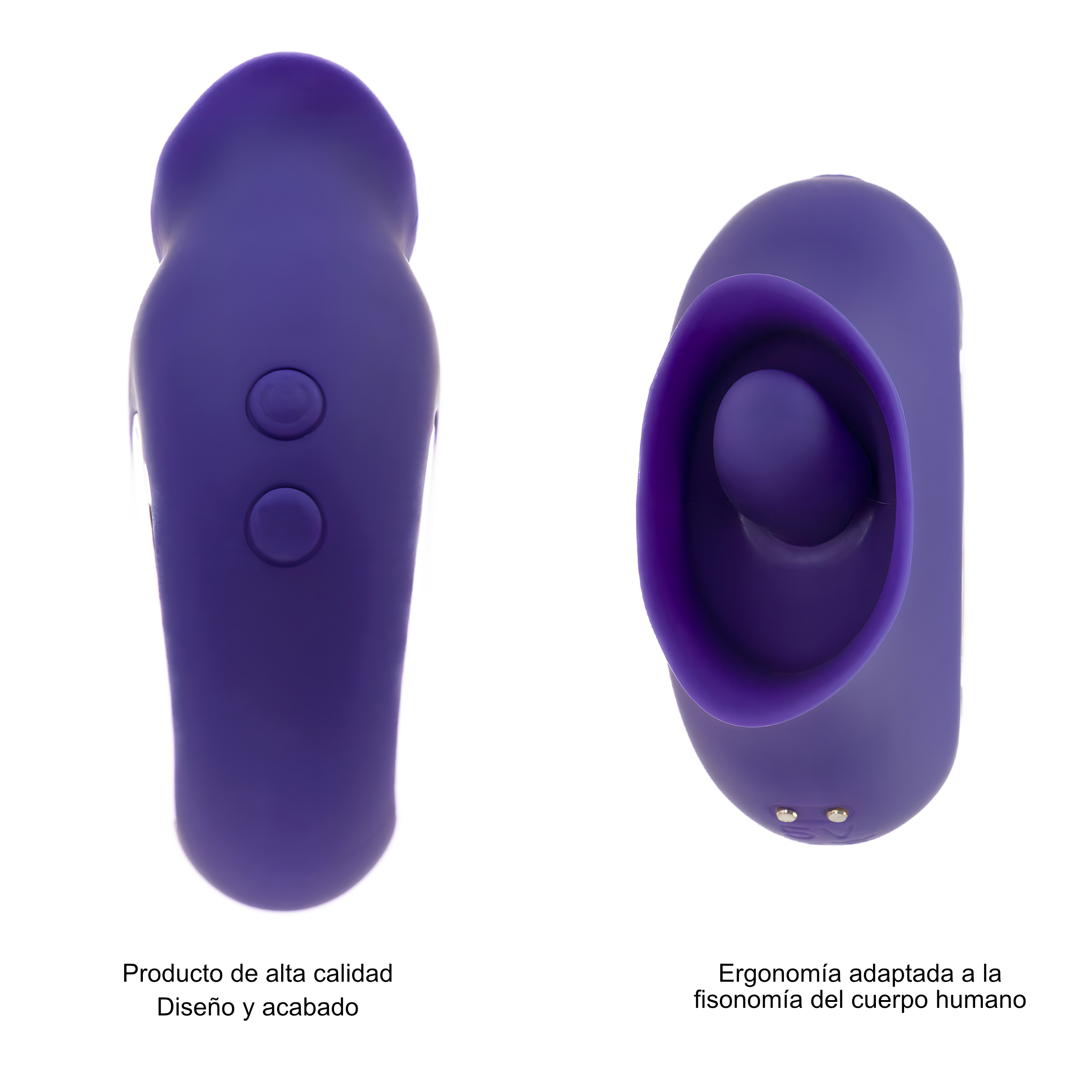 Dos juguetes sexuales morados sobre blanco, uno con botones, otro con un agujero.