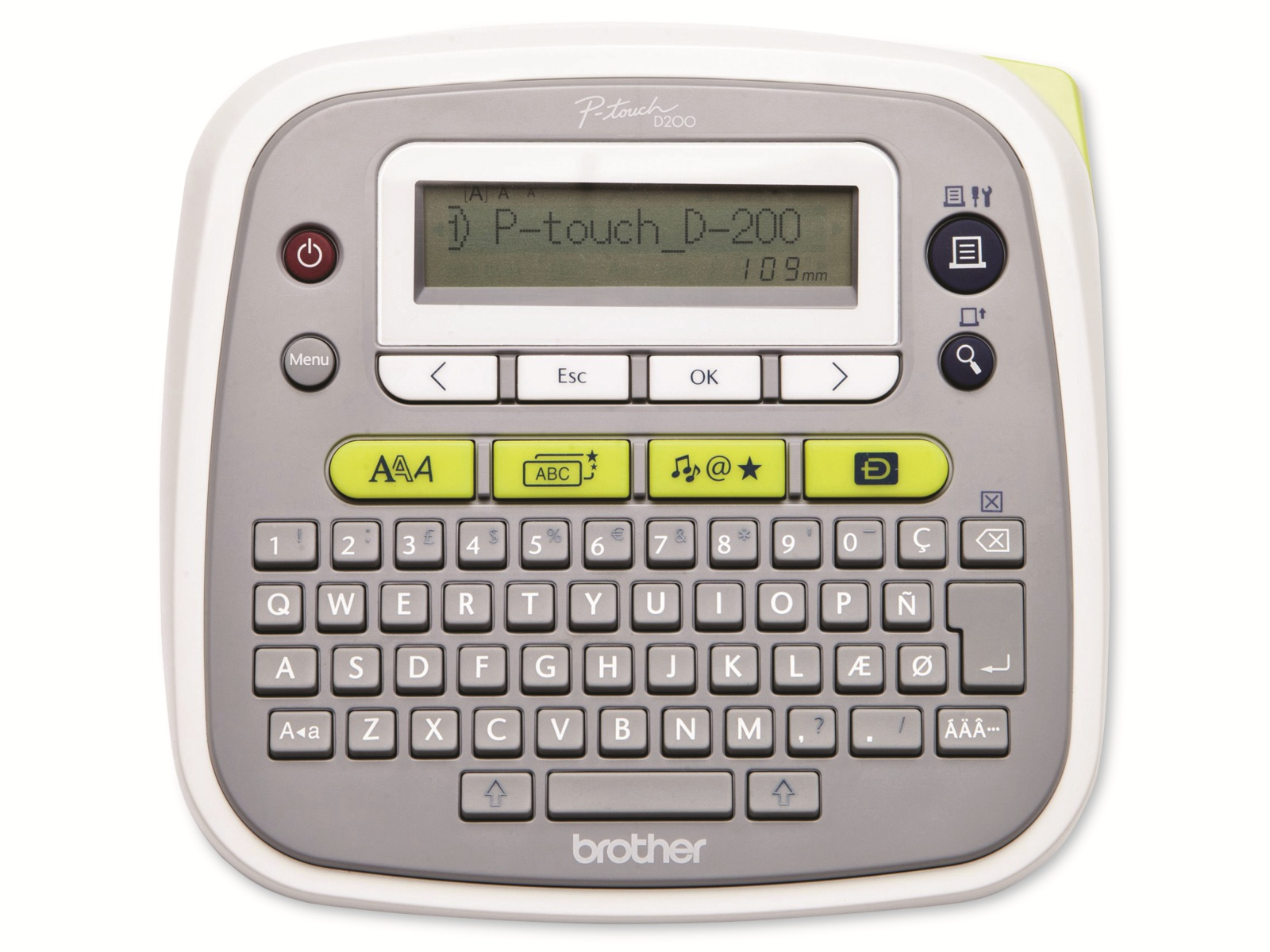 Etykieciarka Brother P-touch D200, szaro-biała, z małym ekranem i klawiaturą.