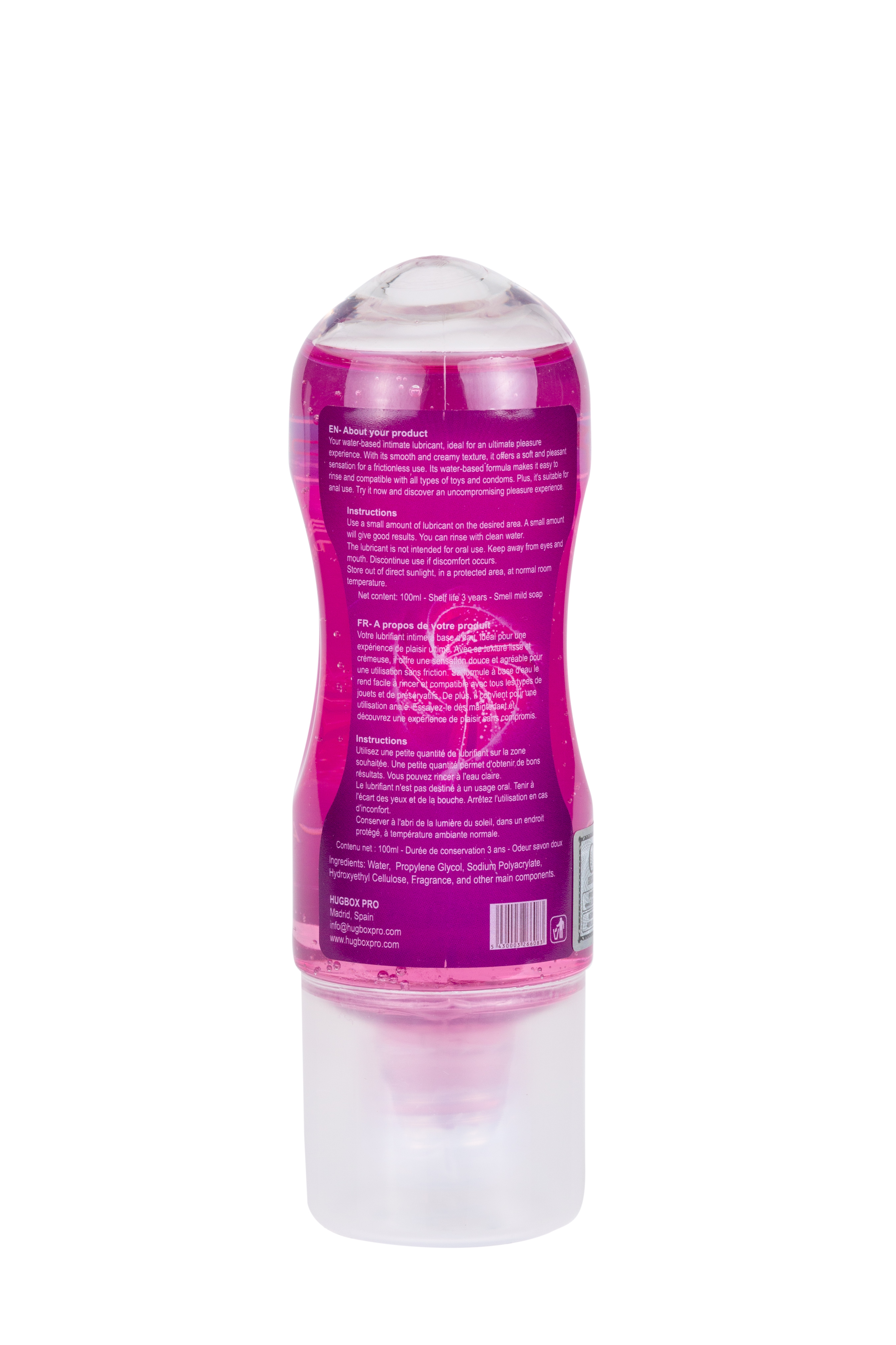 Botella de lubricante rosa, con texto, sobre un fondo blanco. La botella está de pie.