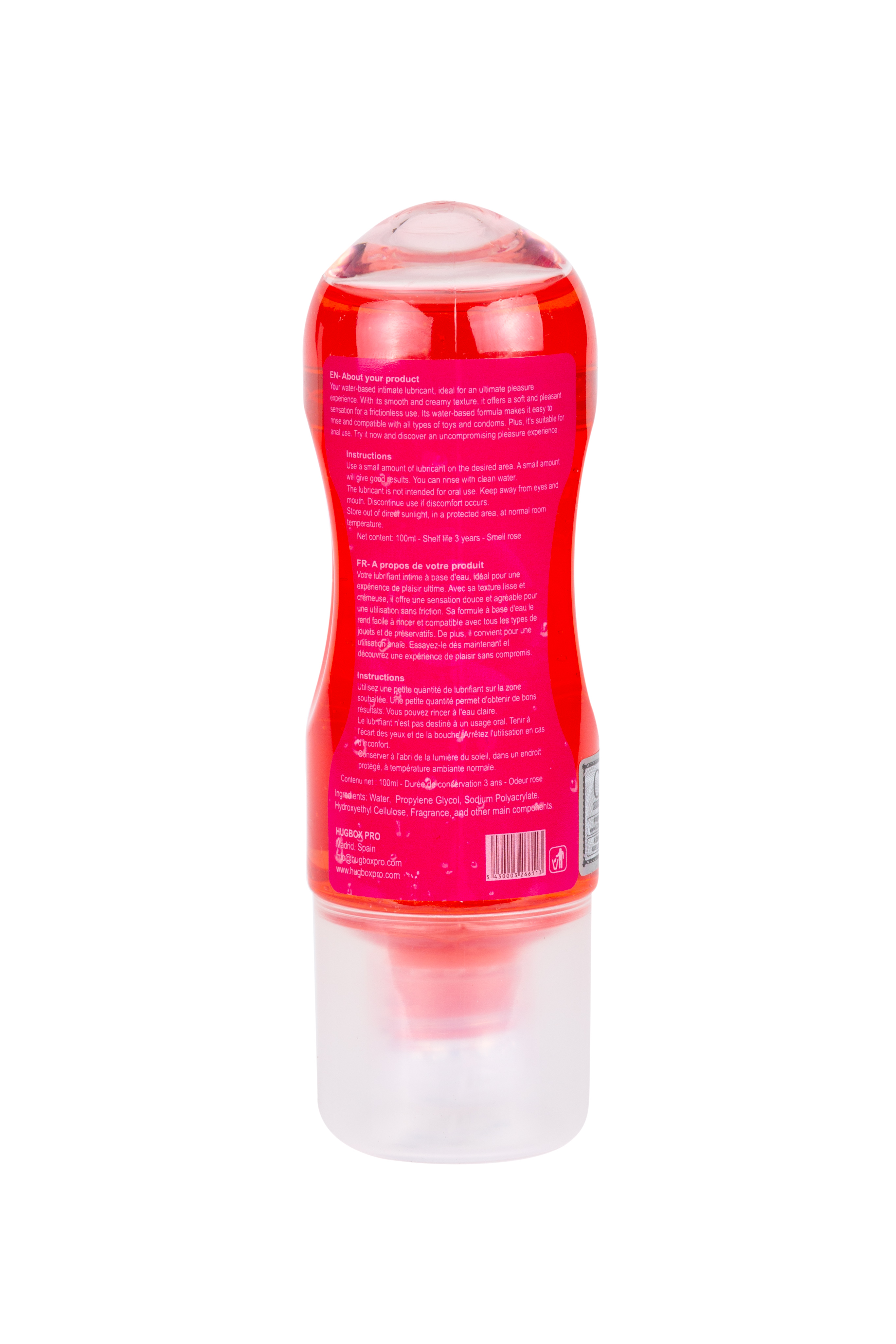 Una botella de lubricante roja con tapa blanca, acostada de lado. Las etiquetas de texto están en la botella.