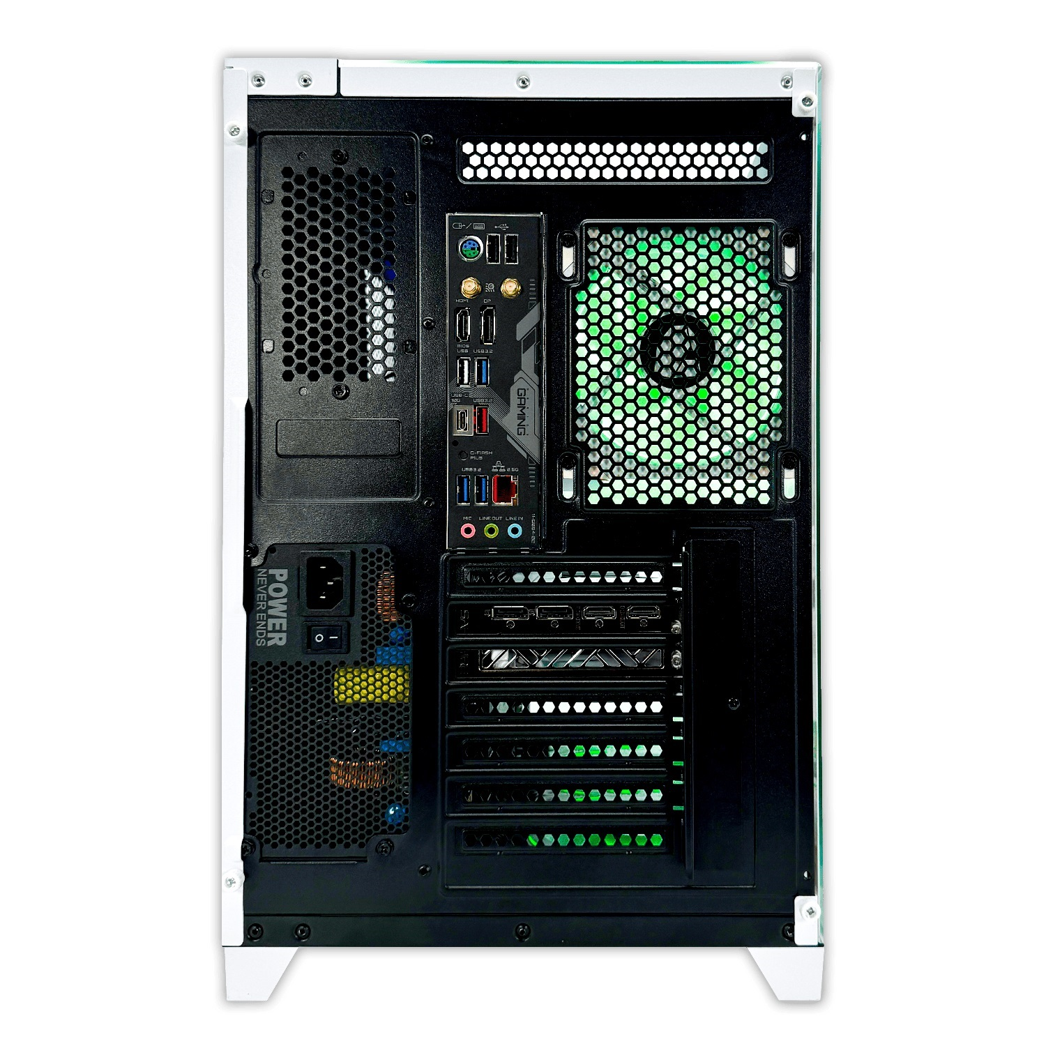 Tył białej obudowy PC z zasilaczem, wentylatorem oraz różnymi portami i połączeniami.