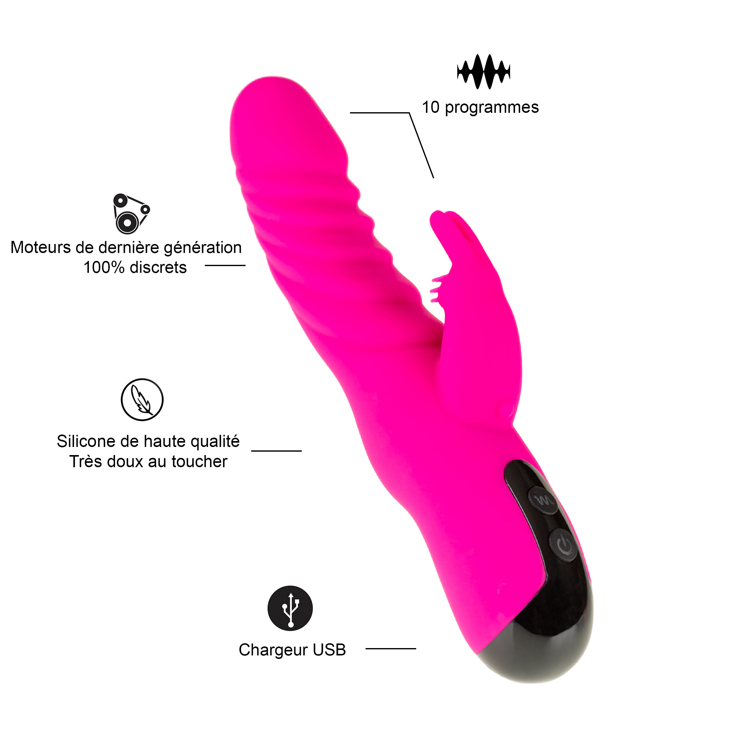 Vibrador rosa con un diseño curvo y detalles en negro. Tiene etiquetas de texto que indican cargador USB y otras características.