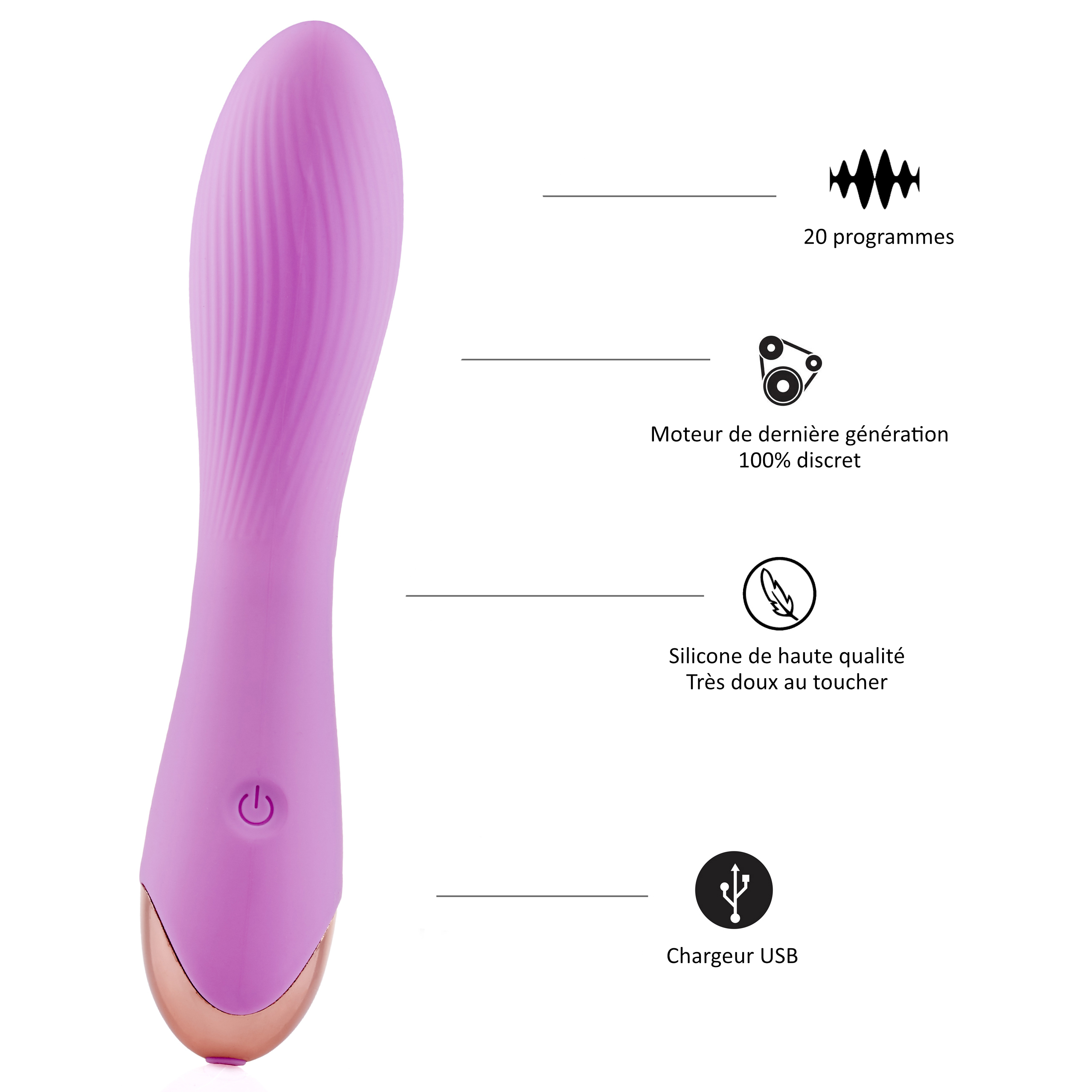Un juguete sexual rosa con forma curvada y extremo redondeado. Diagramas con texto lo rodean.
