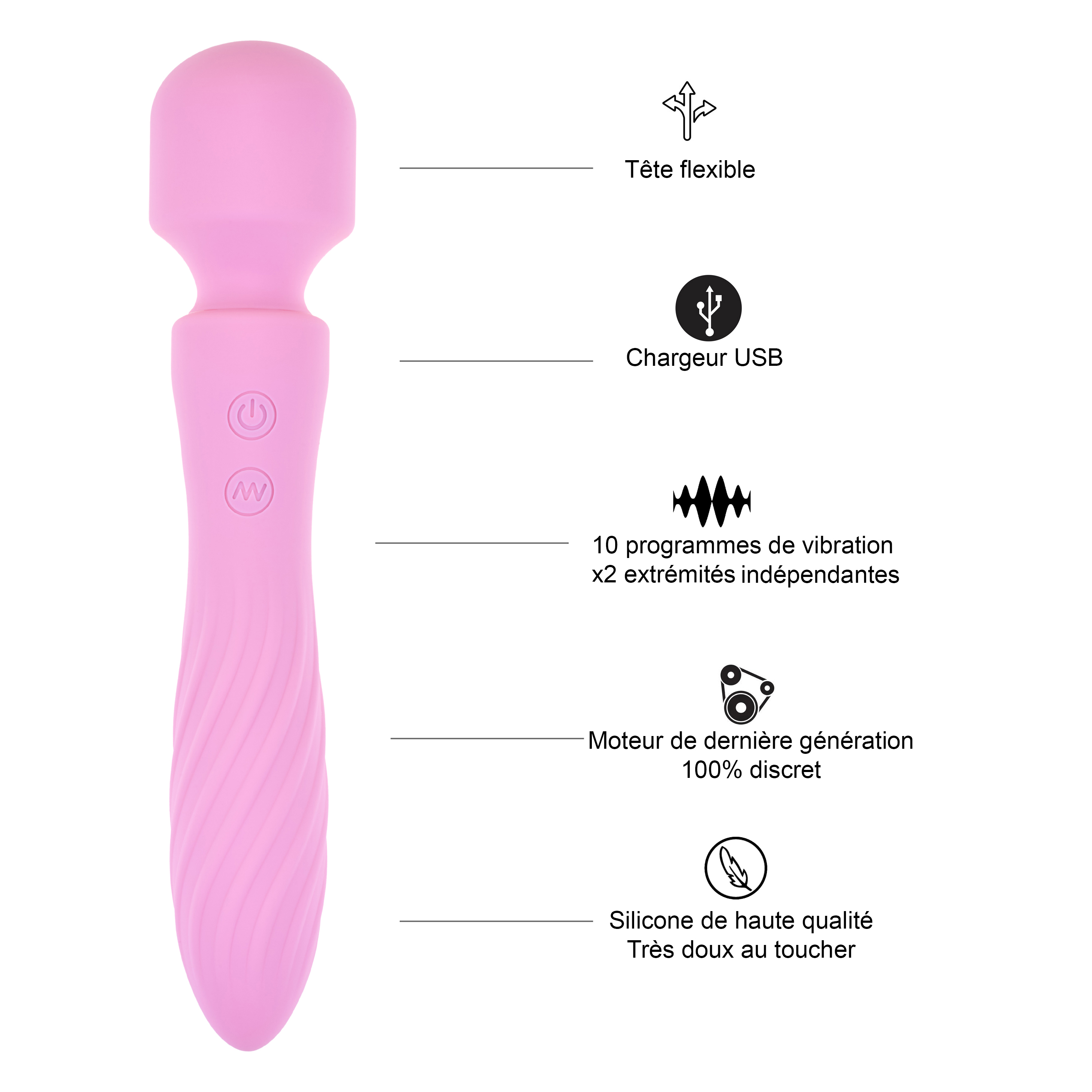 Juguete sexual rosa con forma de varita. Diagramas con texto lo rodean.