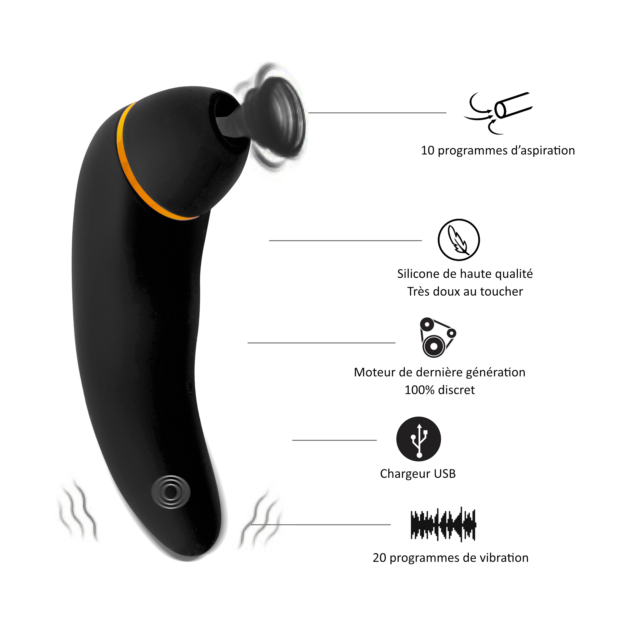 Juguete sexual negro con forma curvada y ventosa. Diagramas con texto lo rodean.