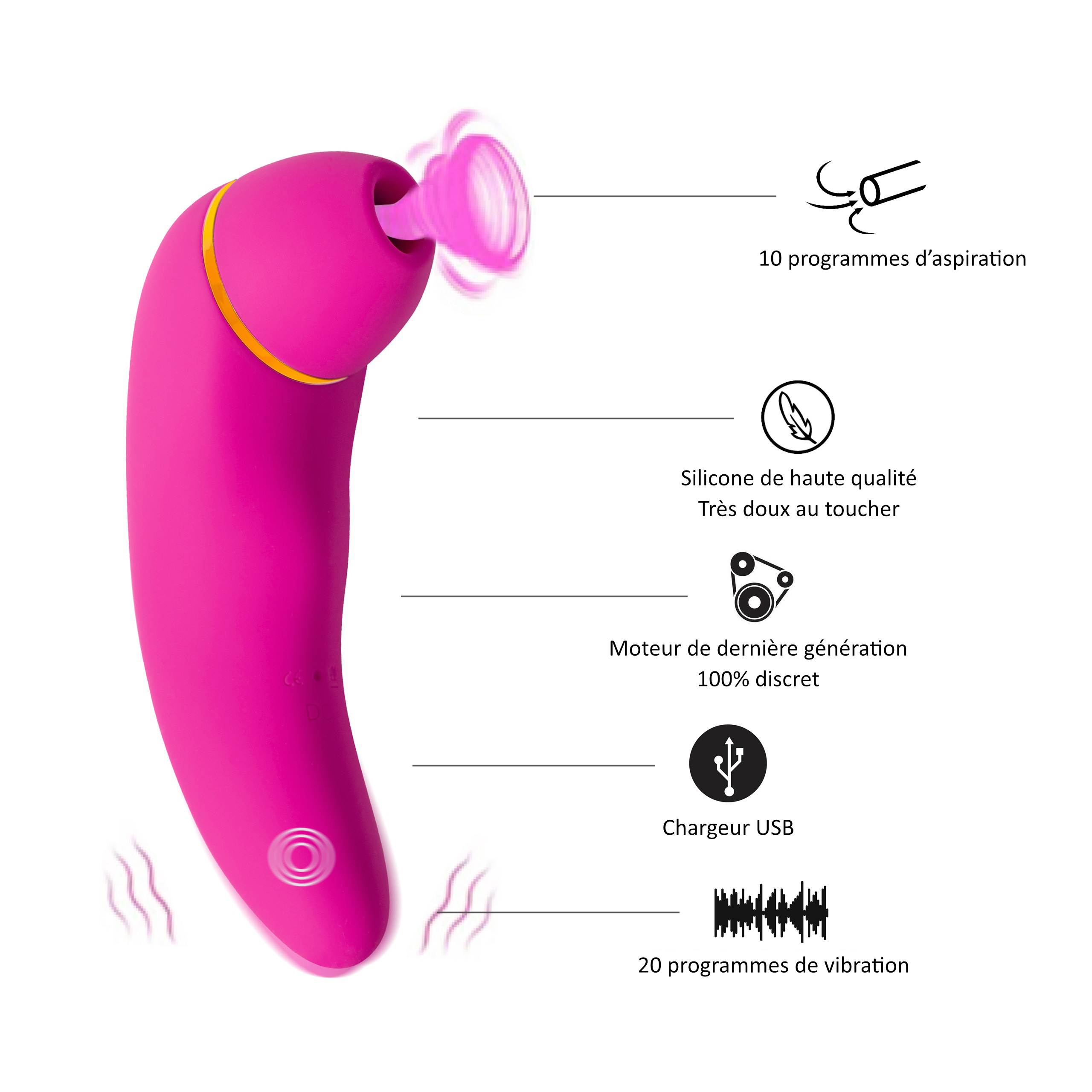 Juguete sexual rosa con ventosa y mango con diagramas. El producto tiene 10 programas de succión y es de silicona de alta calidad.