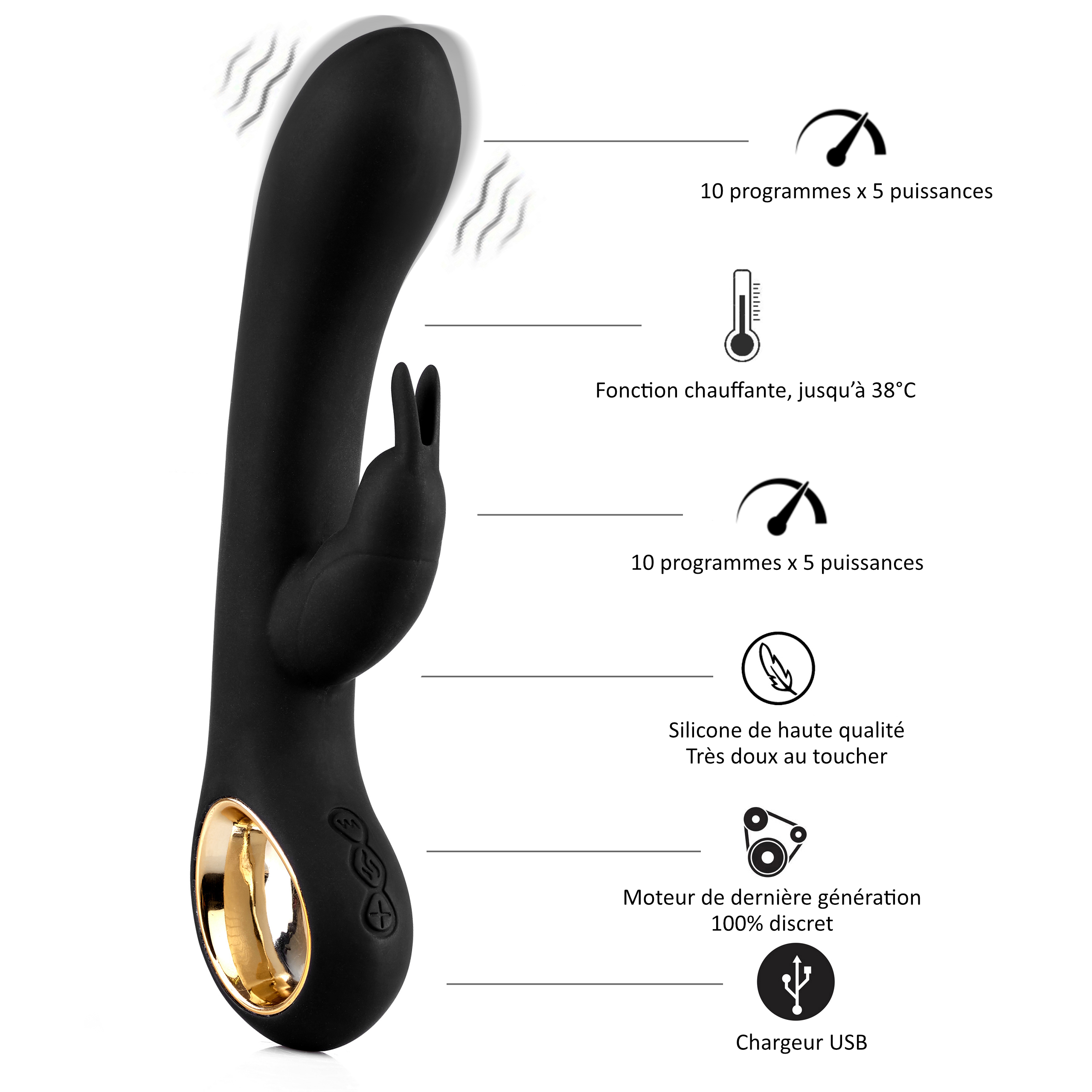 Juguete sexual negro con forma curvada y estructura similar a orejas de conejo. Diagramas con texto lo rodean.