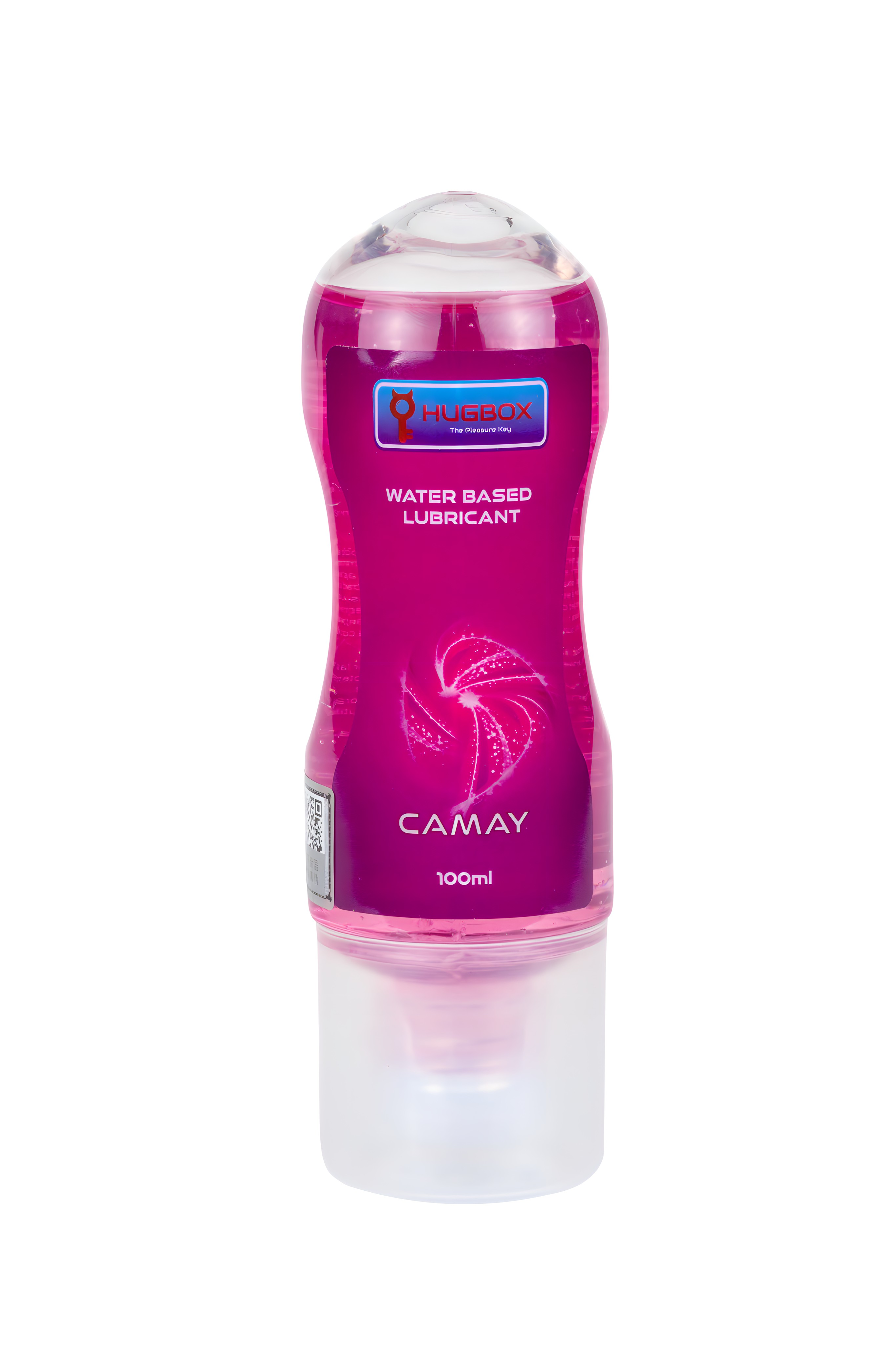 Una botella rosa de lubricante. La etiqueta dice 'WATER BASED LUBRICANT CAMAY 100ml'.