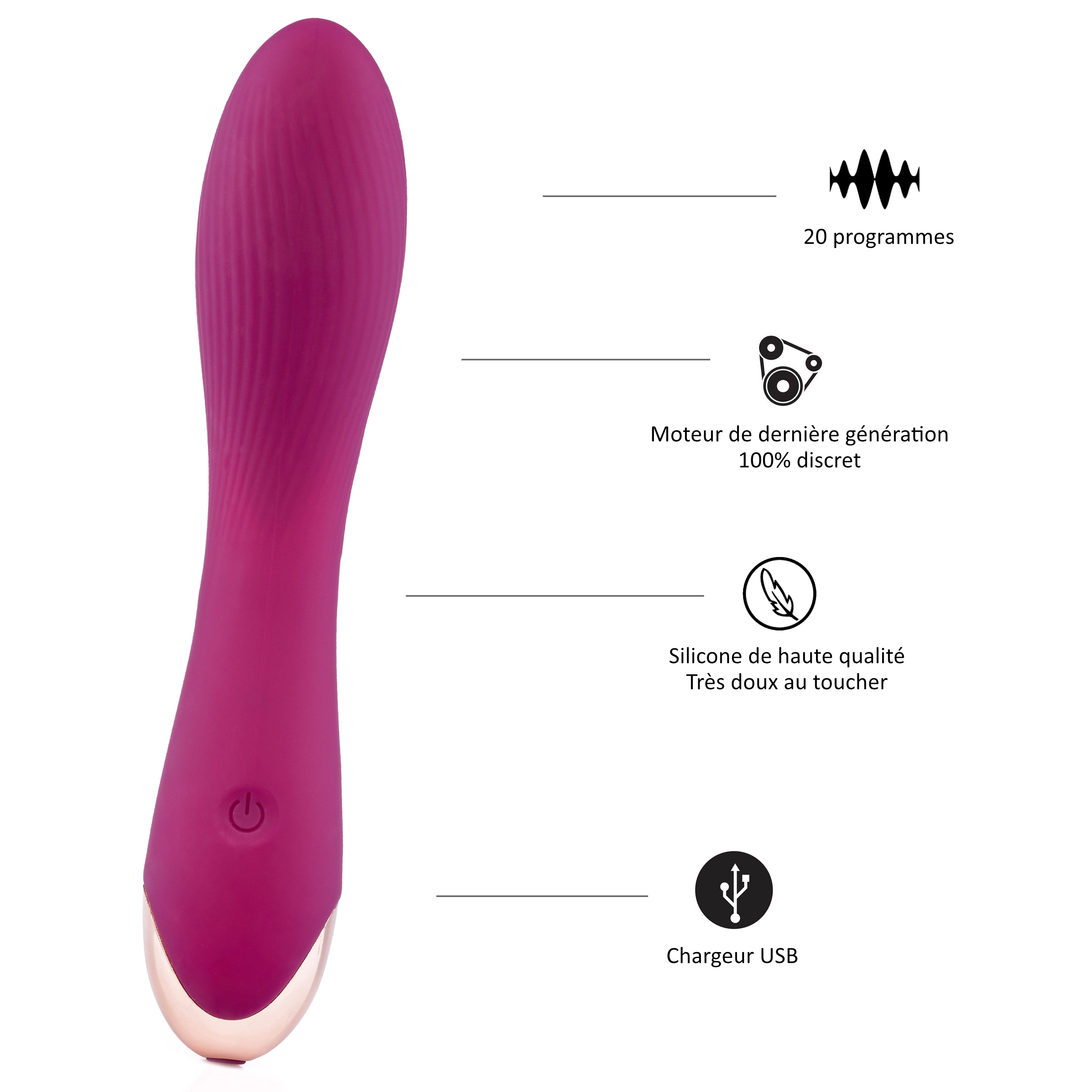 Juguete sexual rosa con diagramas. Incluye cargador USB y silicona de alta calidad. 20 programas de vibración también disponibles.