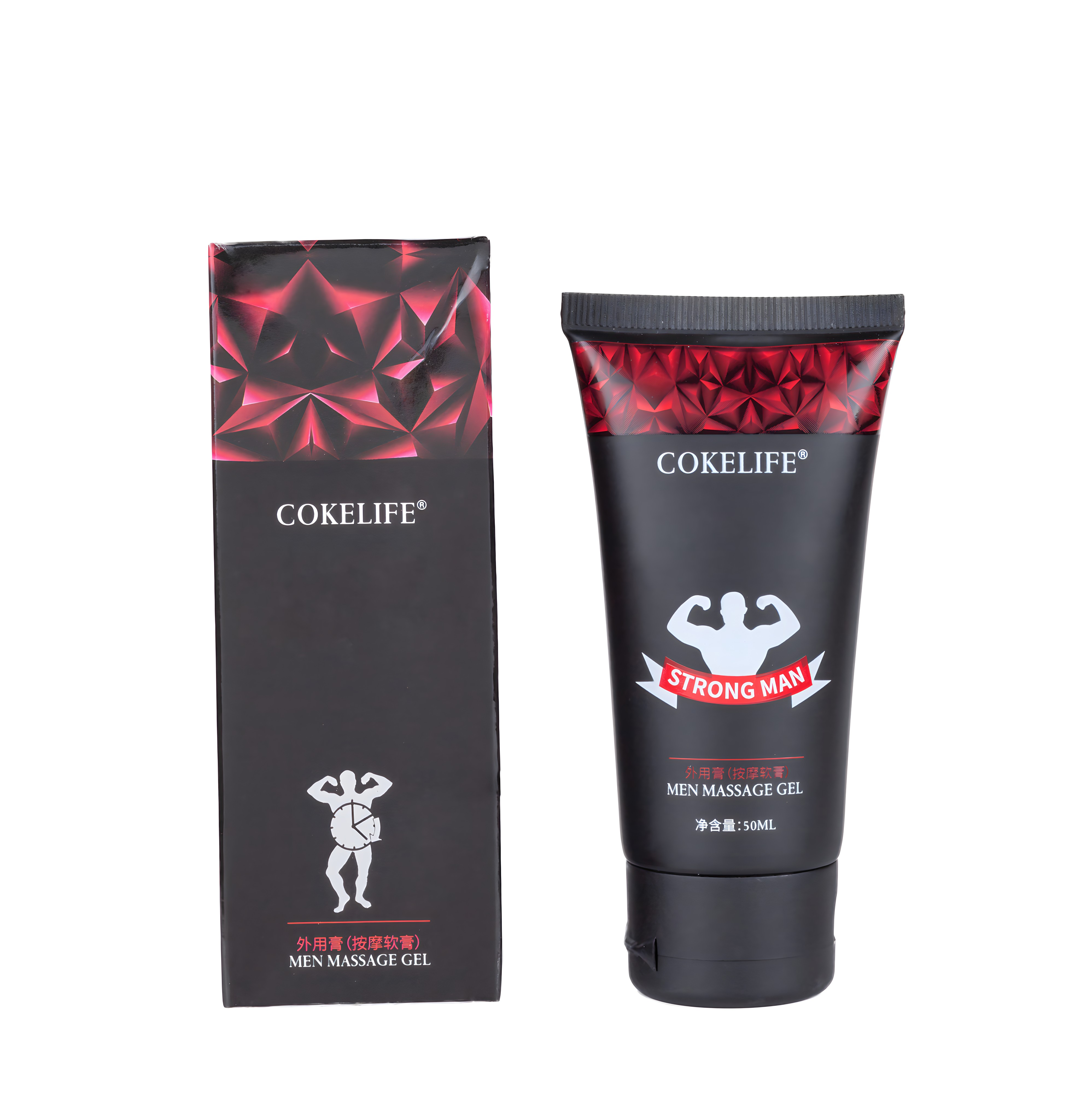 Embalaje de gel de masaje Cokelife para hombres. El embalaje incluye tubo y caja. Es negro y muestra un logo de hombre musculoso.
