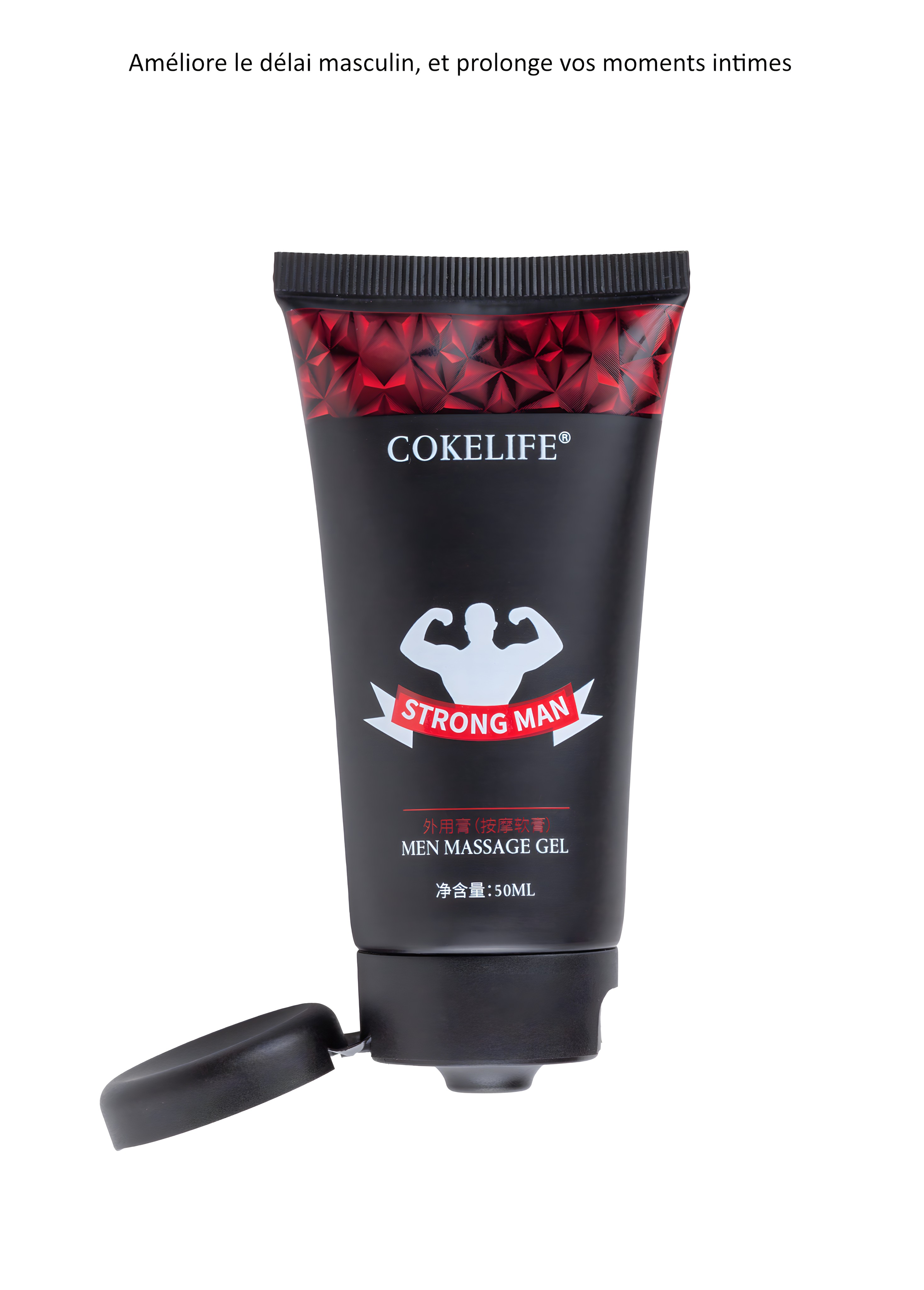 Tubo negro de gel Cokelife Strong Man. La etiqueta presenta un dibujo de un hombre musculoso.