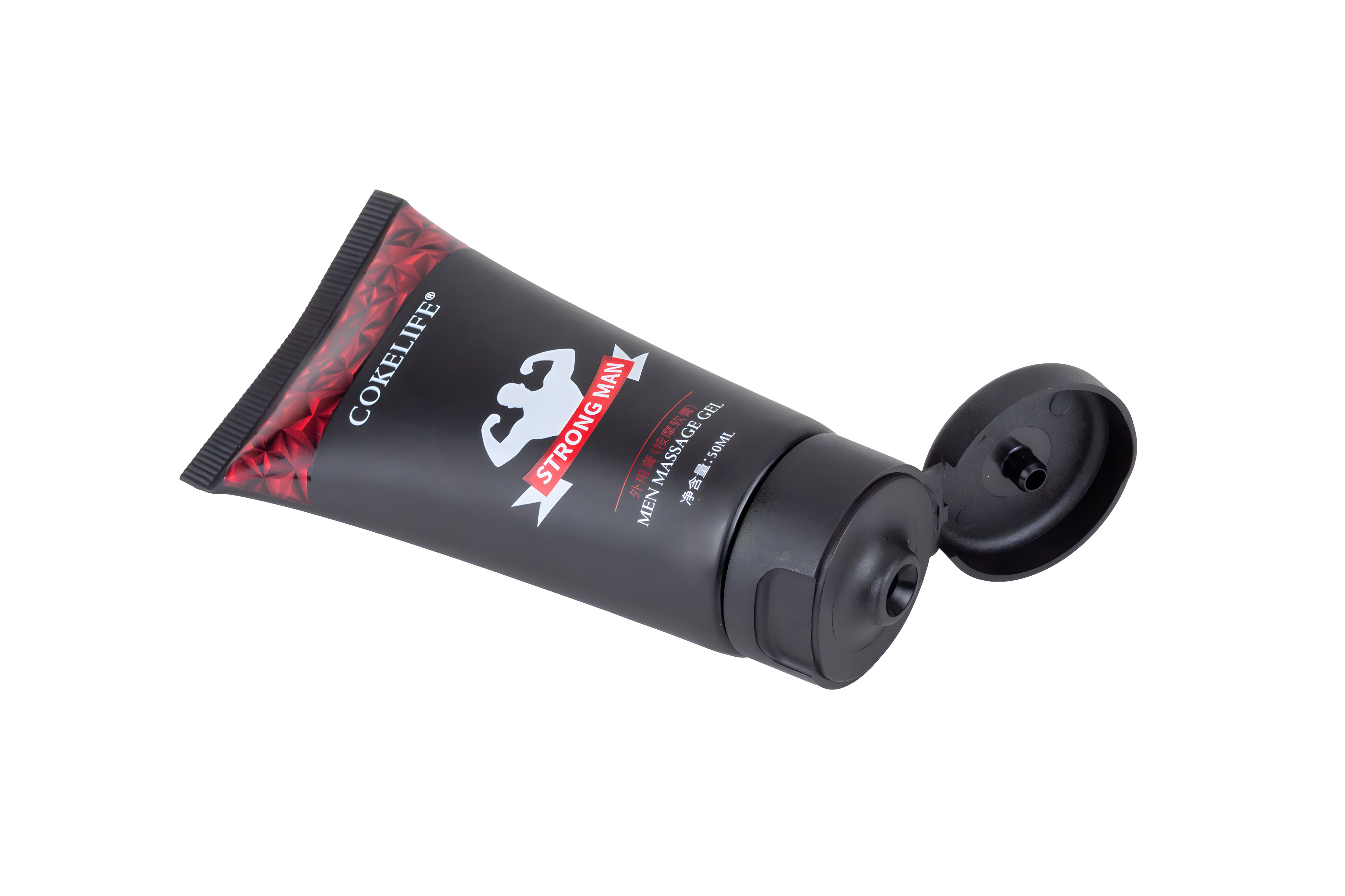 Tubo negro de gel de masaje Cokelife para hombres. El tubo está abierto y muestra el gel. Un logo de hombre musculoso es visible.