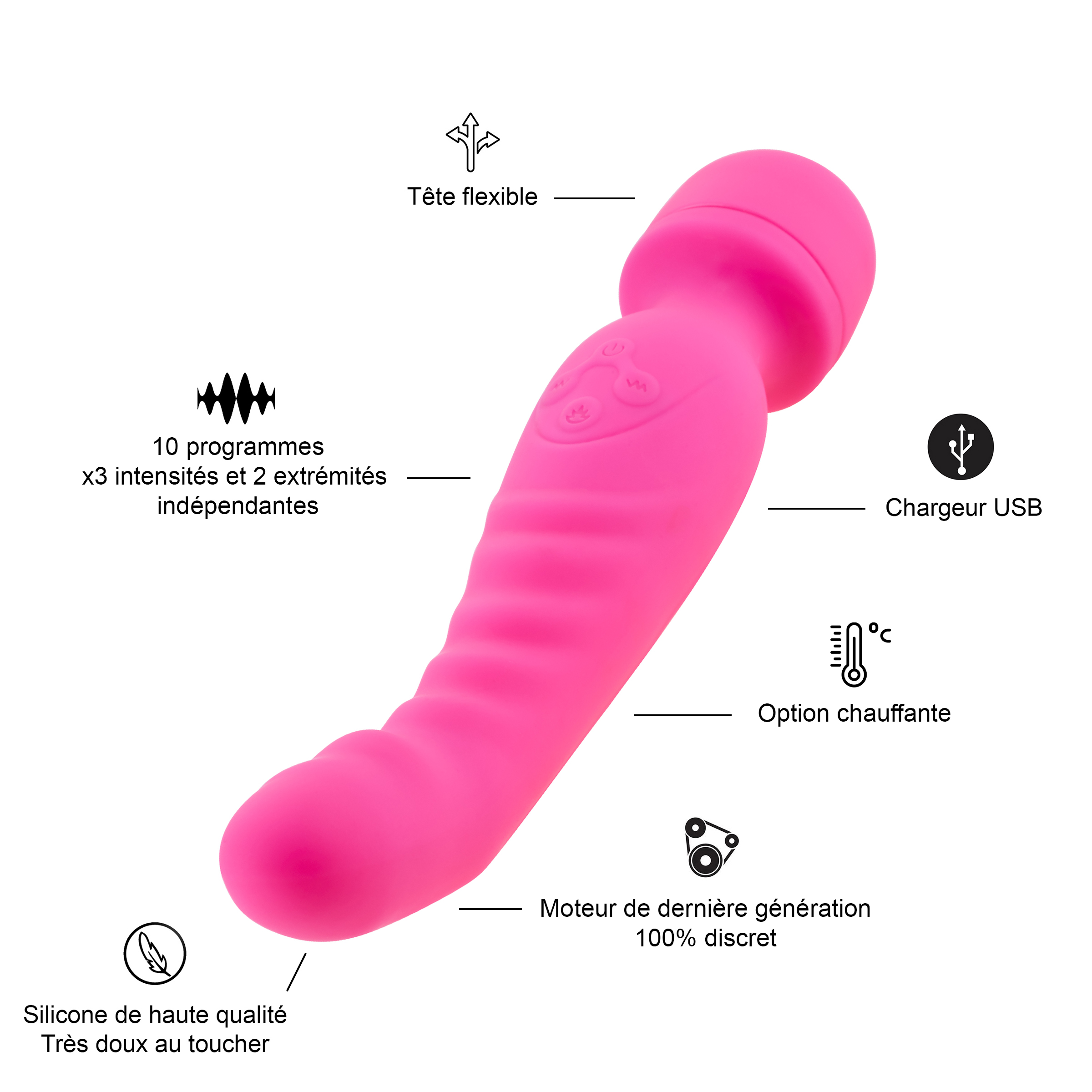 Juguete sexual rosa con cabeza flexible y diagramas. Incluye cargador USB y opción de calentamiento. Hecho de silicona.