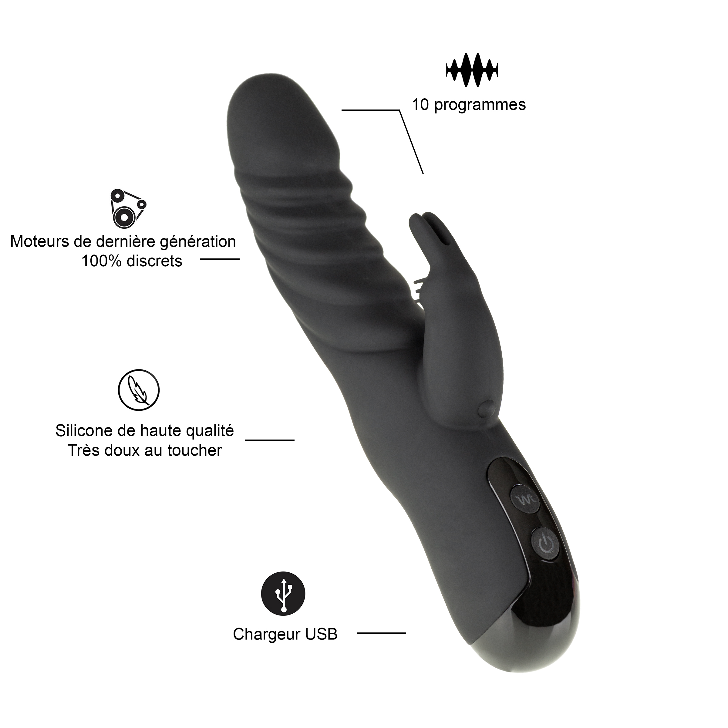 Un juguete sexual negro con forma curvada. Diagramas con texto lo rodean.