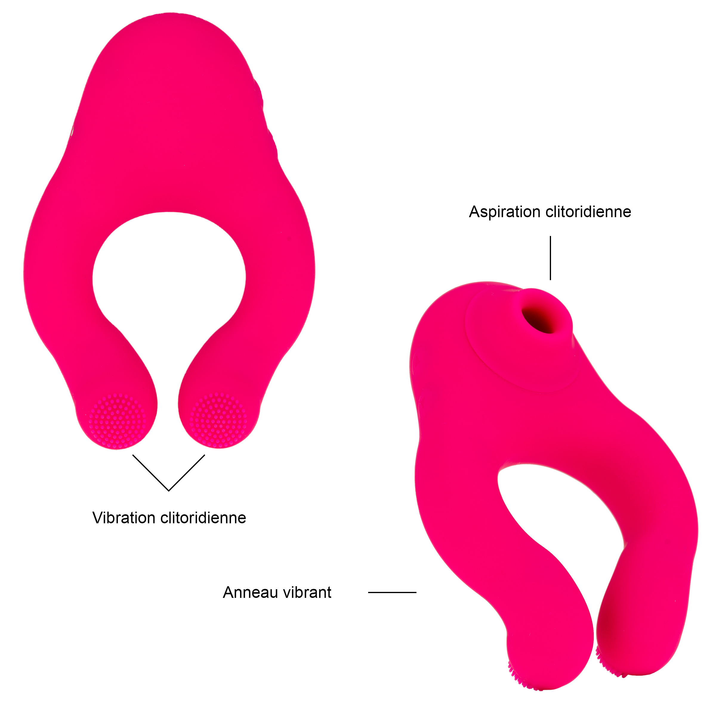 Dos juguetes sexuales rosas con diagramas. Uno tiene succión clitoridiana, el otro vibración. Ambos son de silicona de alta calidad.