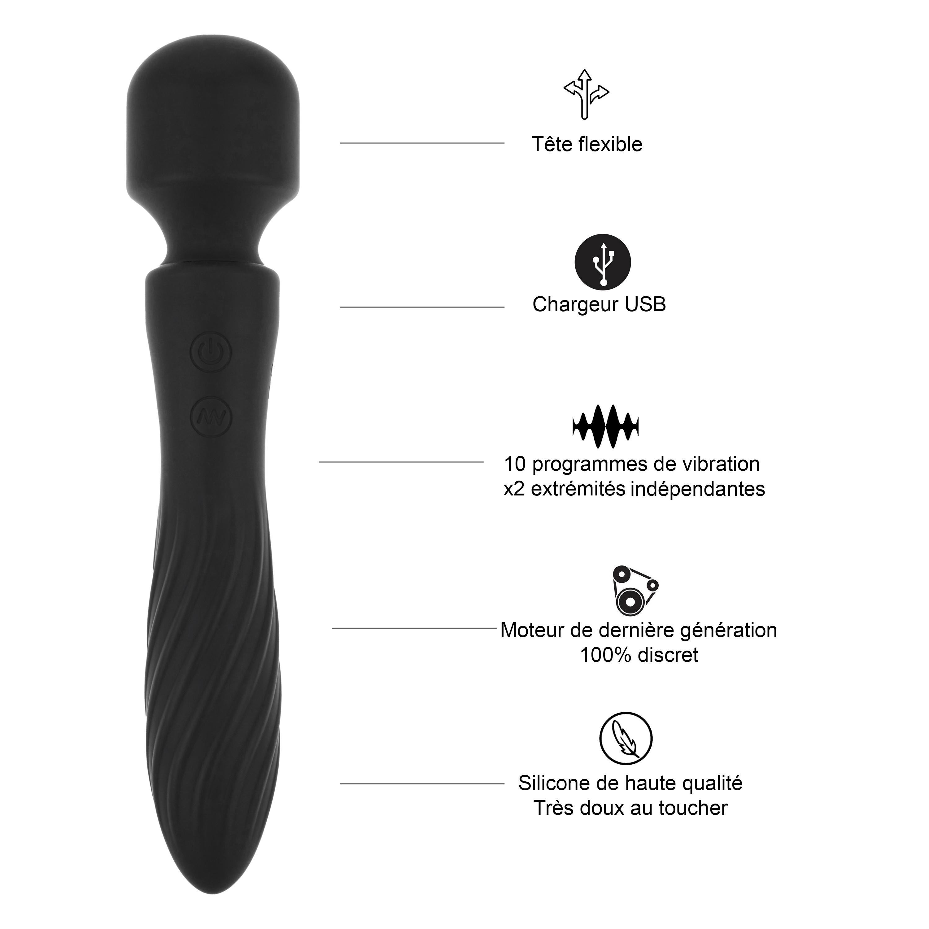 Juguete sexual negro con diagramas. Incluye cargador USB y silicona de alta calidad. 10 programas de vibración disponibles.