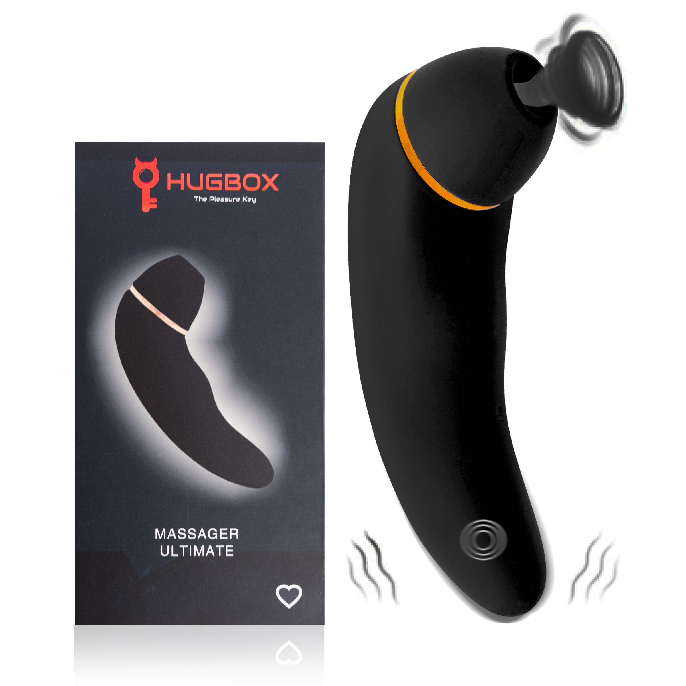 Vibrador negro con caja "HUGBOX". La caja muestra el contorno del producto.