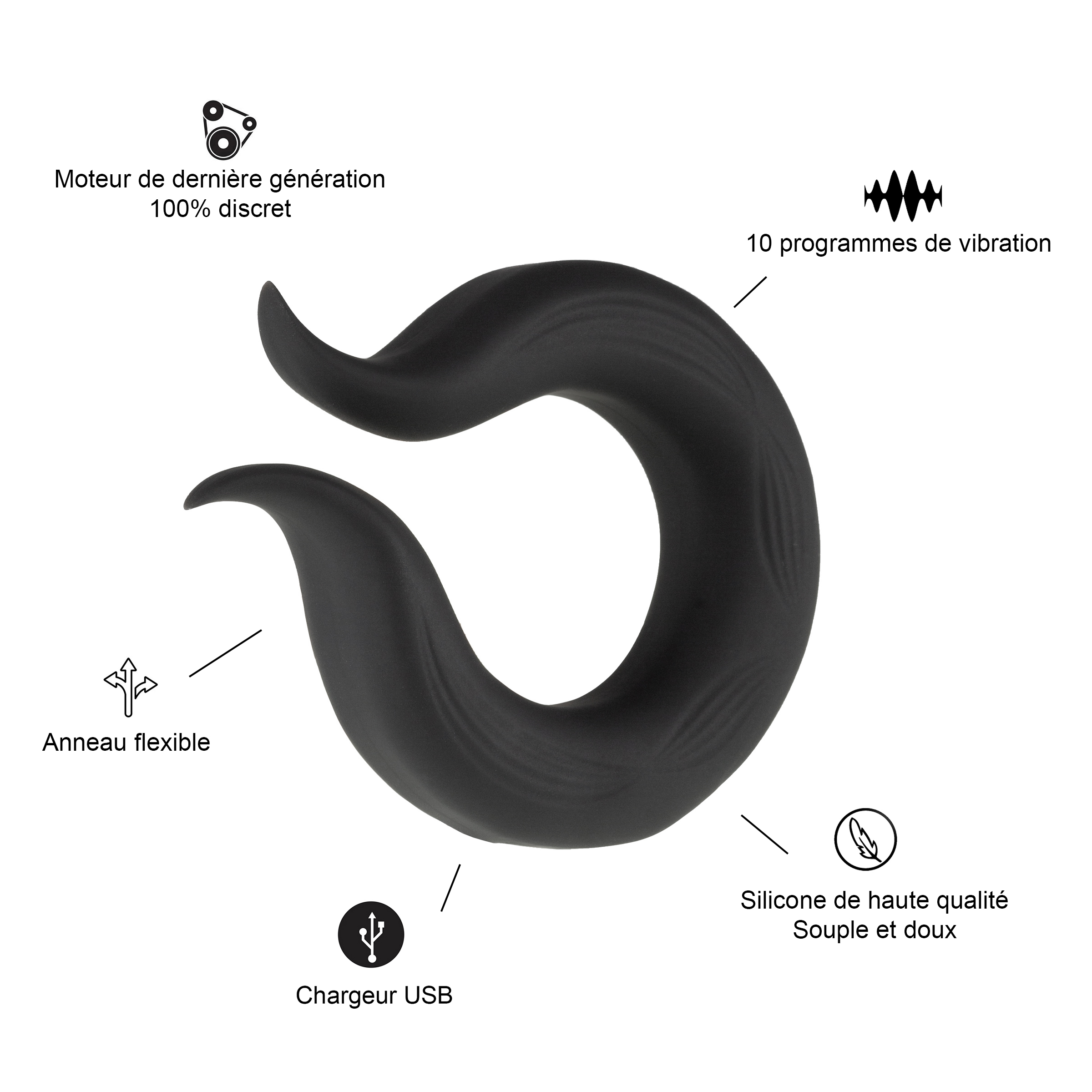 Anillo de juguete sexual negro con diagramas. Incluye cargador USB y silicona de alta calidad. Anillo flexible también disponible.