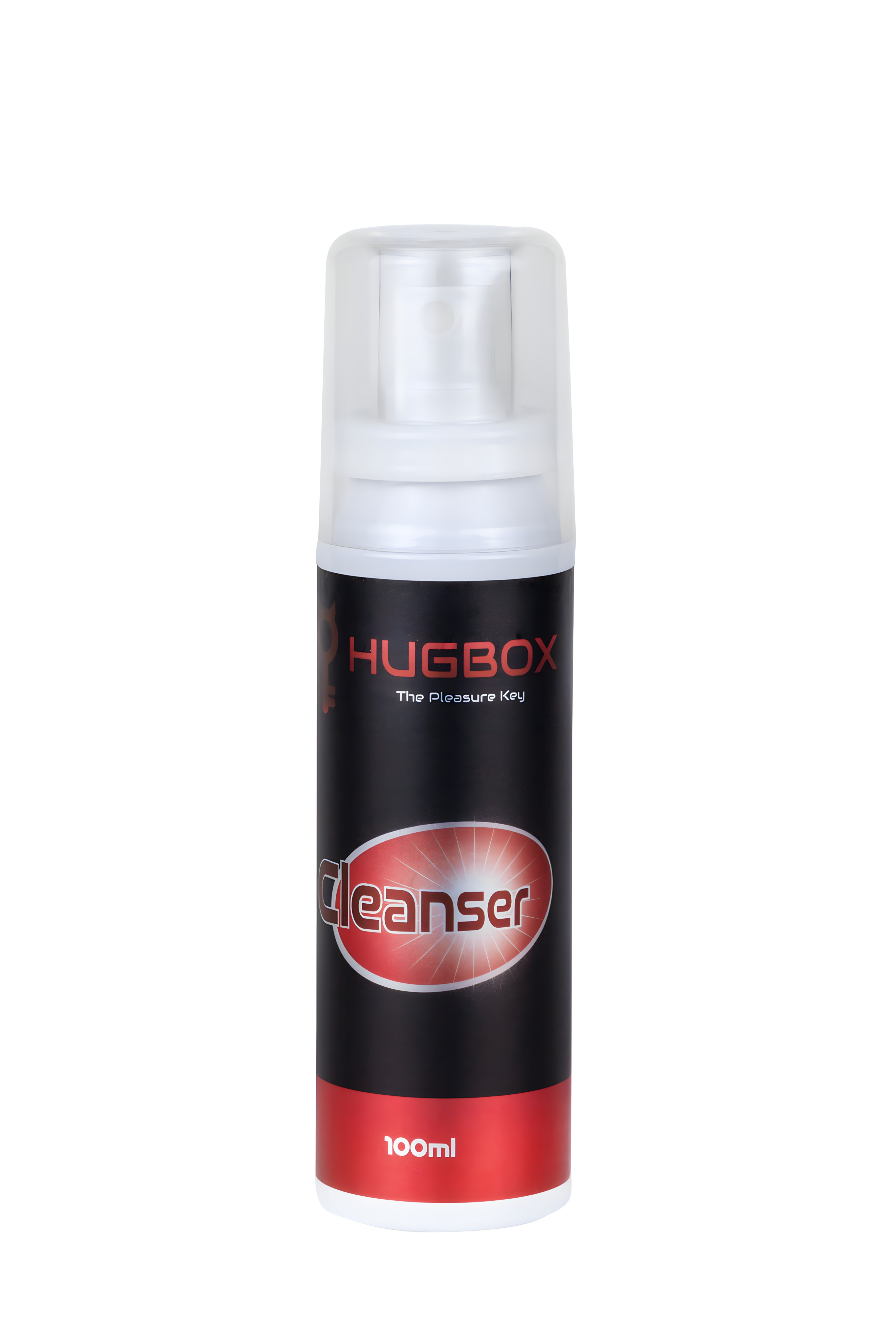 Una botella cilíndrica de limpiador, con la etiqueta "HUGBOX".