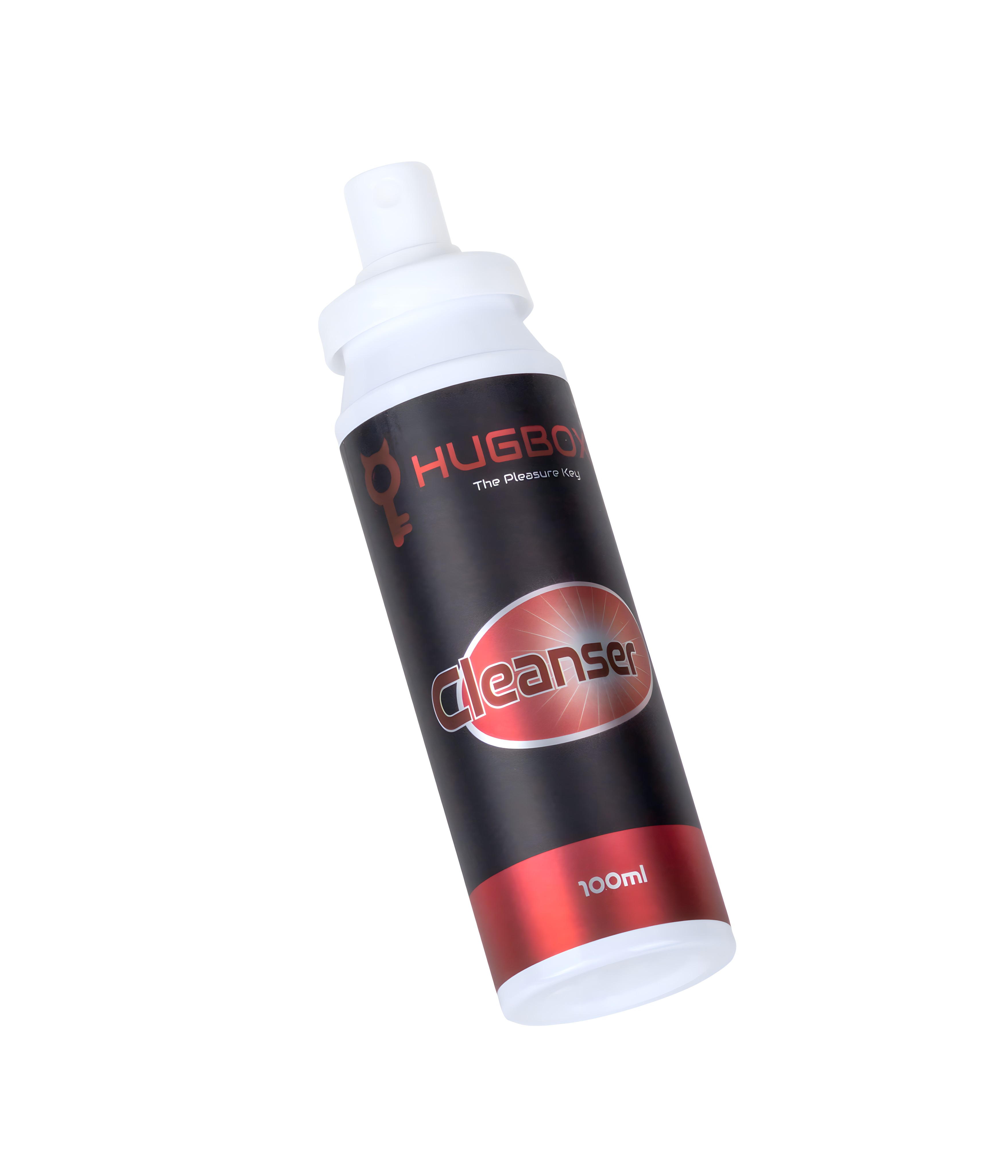 Una botella cilíndrica de limpiador con la etiqueta "HUGBOX".